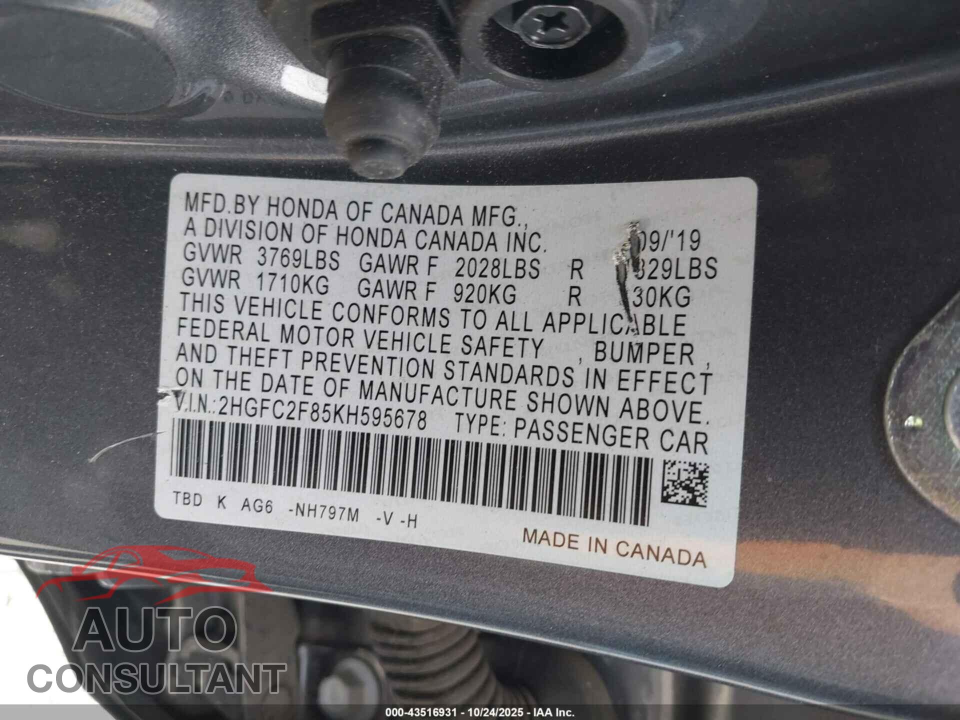 HONDA CIVIC 2019 - 2HGFC2F85KH595678