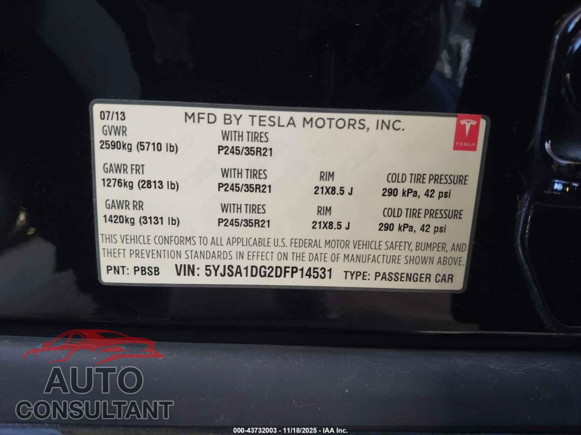 TESLA MODEL S 2013 - 5YJSA1DG2DFP14531