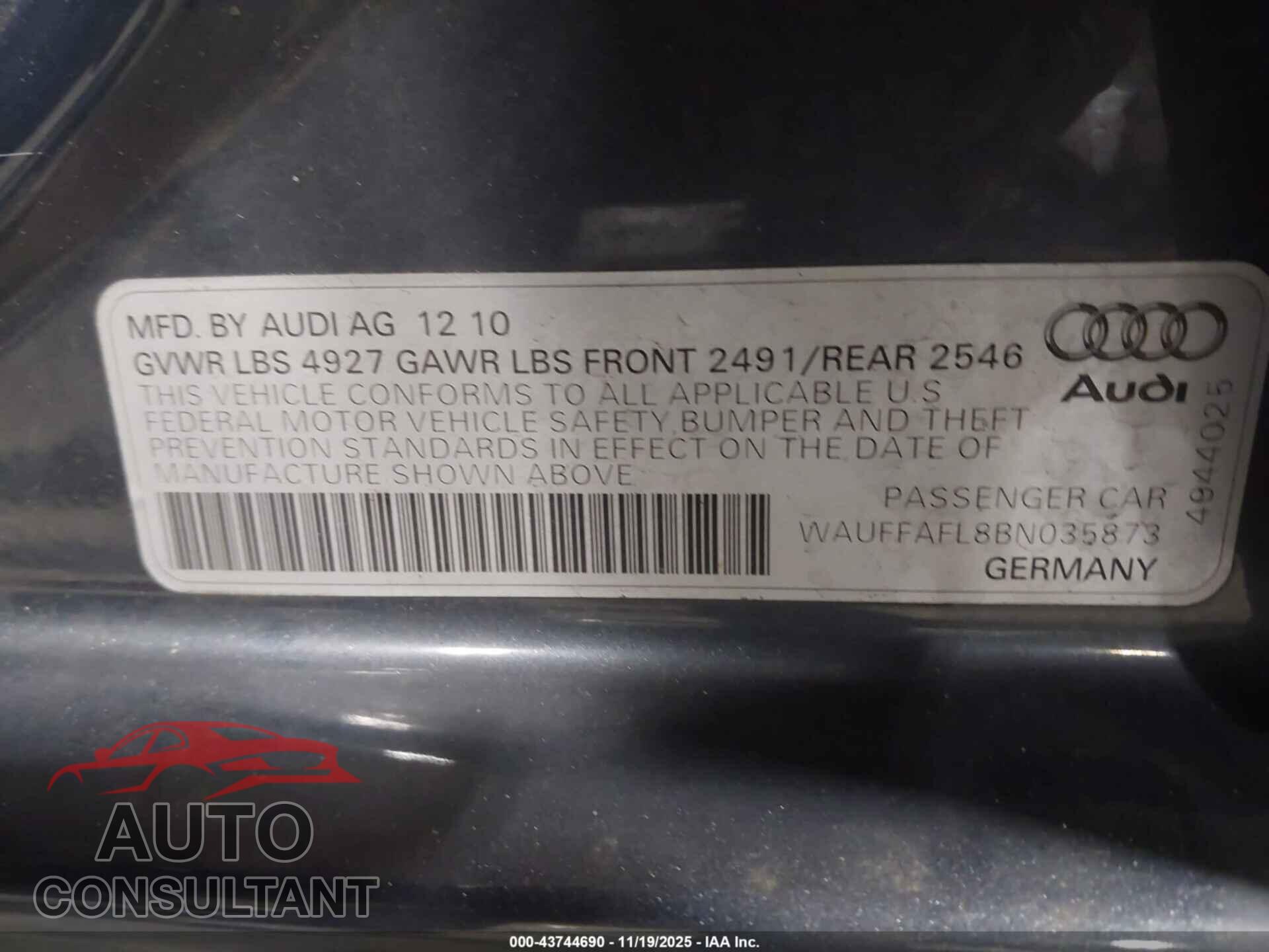 AUDI A4 2011 - WAUFFAFL8BN035873