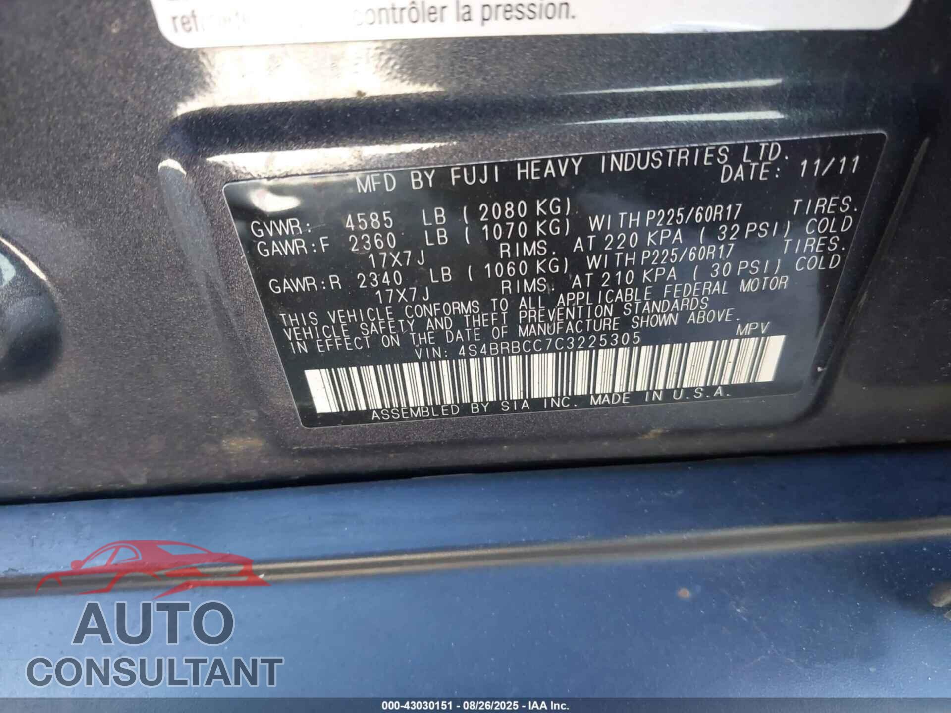 SUBARU OUTBACK 2012 - 4S4BRBCC7C3225305