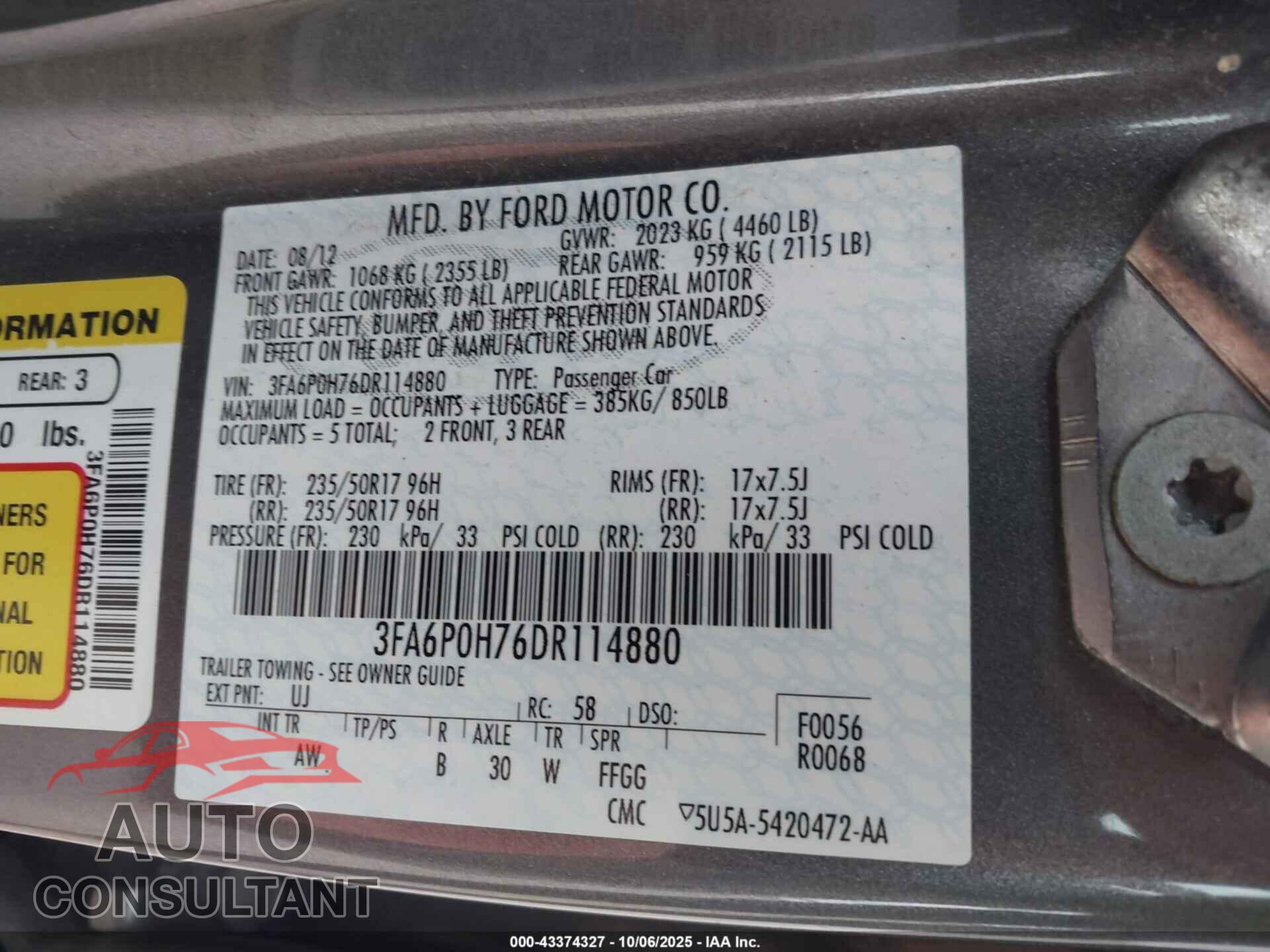 FORD FUSION 2013 - 3FA6P0H76DR114880