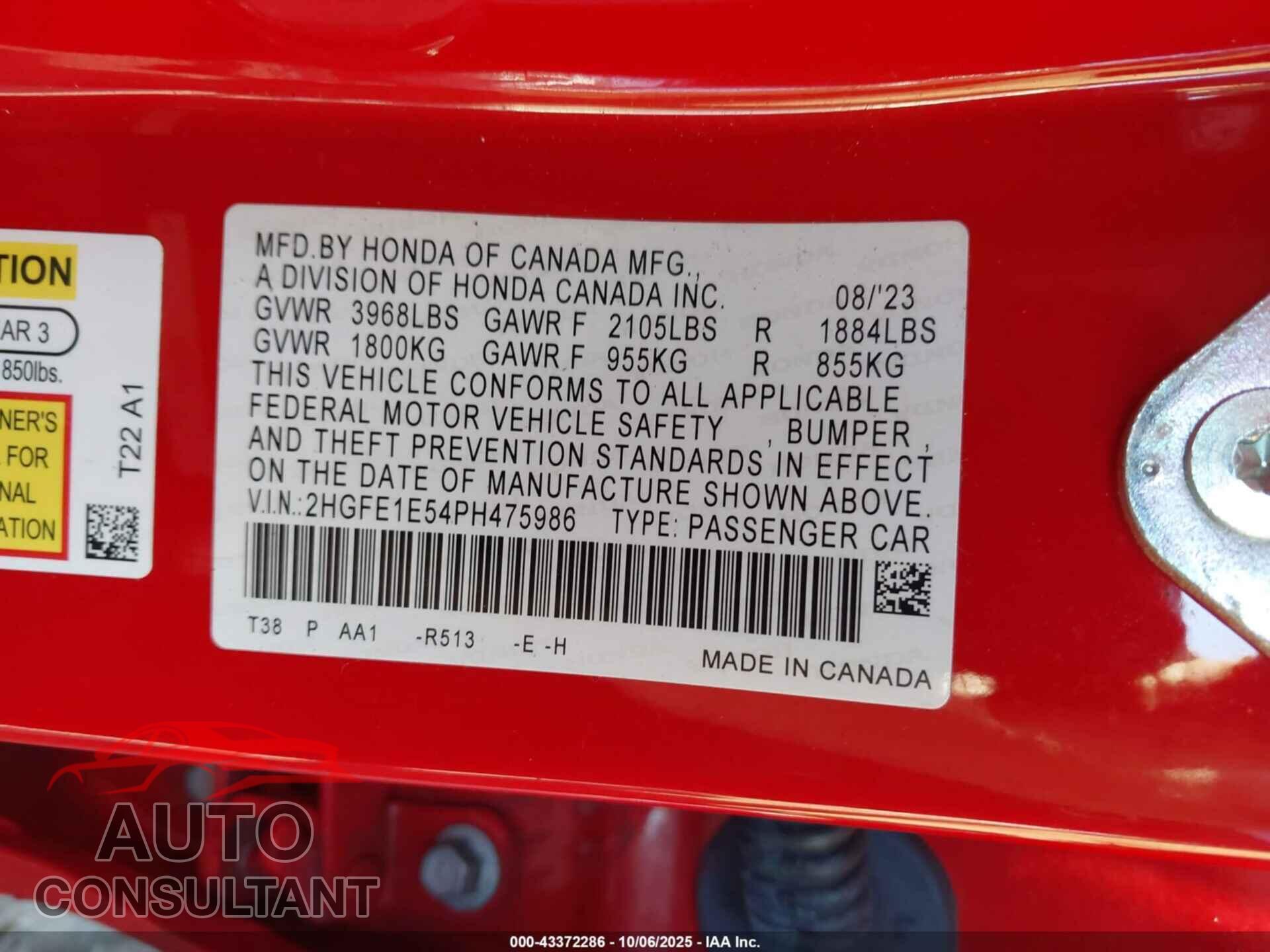 HONDA CIVIC SI 2023 - 2HGFE1E54PH475986