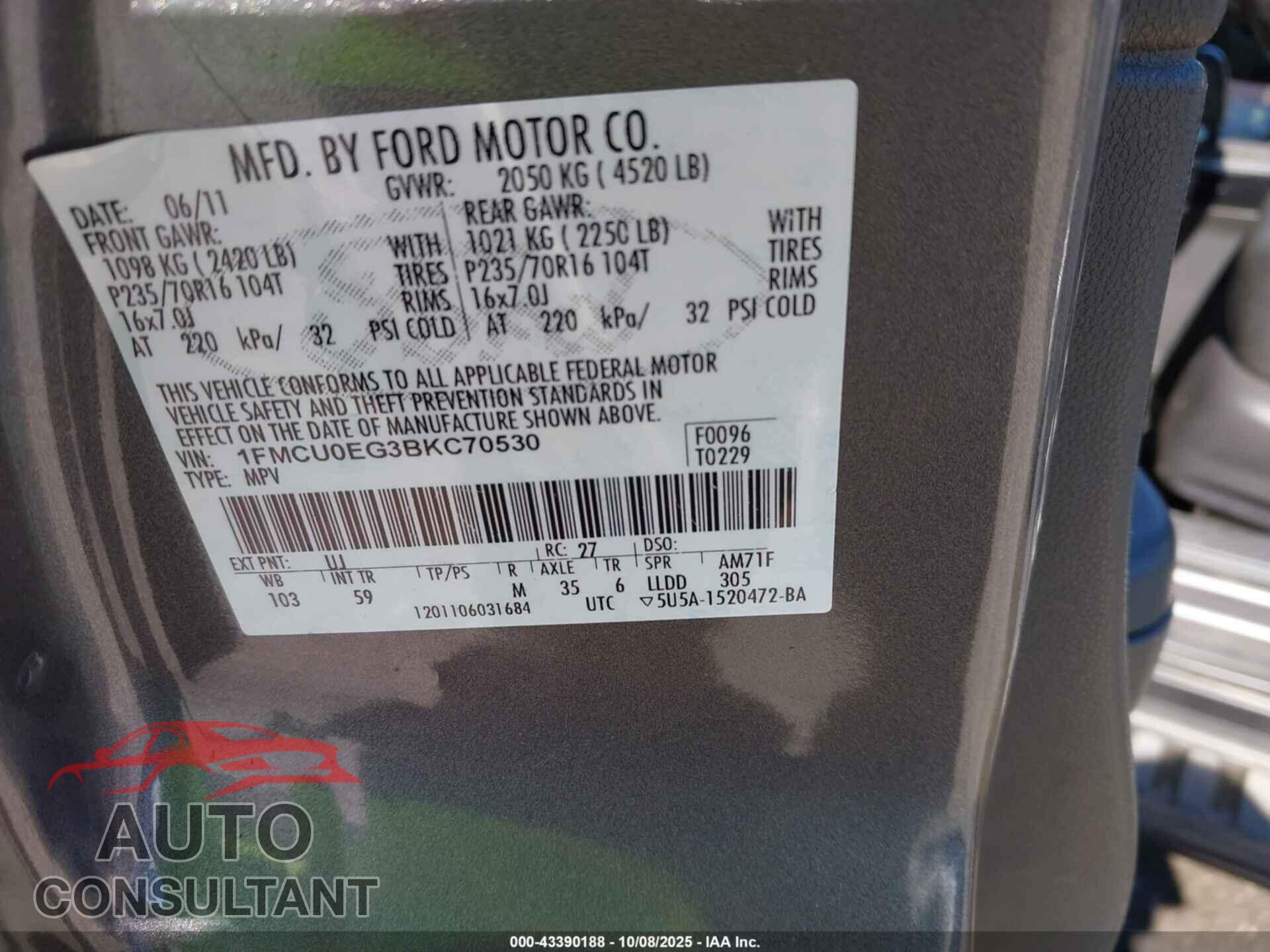 FORD ESCAPE 2011 - 1FMCU0EG3BKC70530