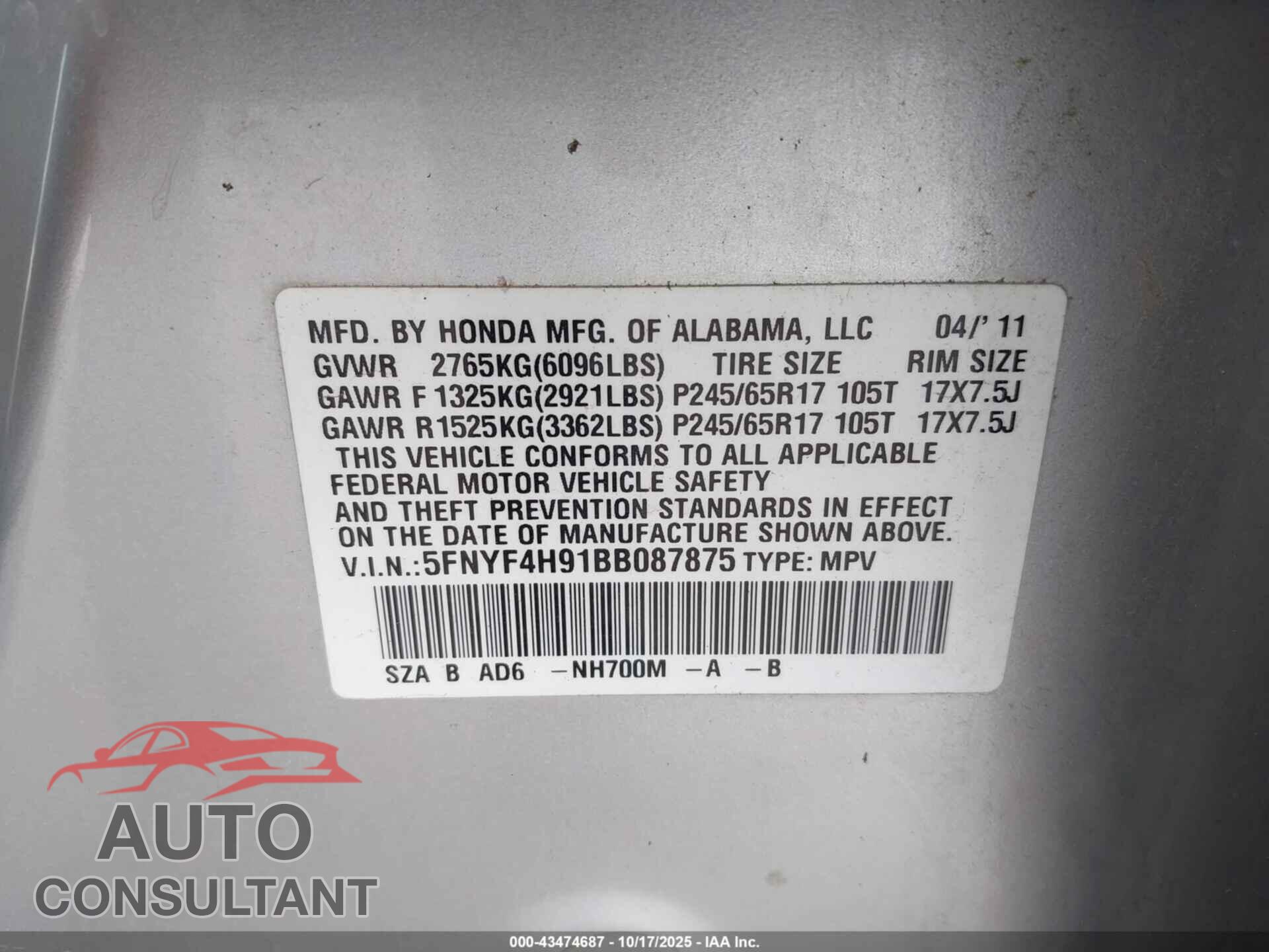 HONDA PILOT 2011 - 5FNYF4H91BB087875