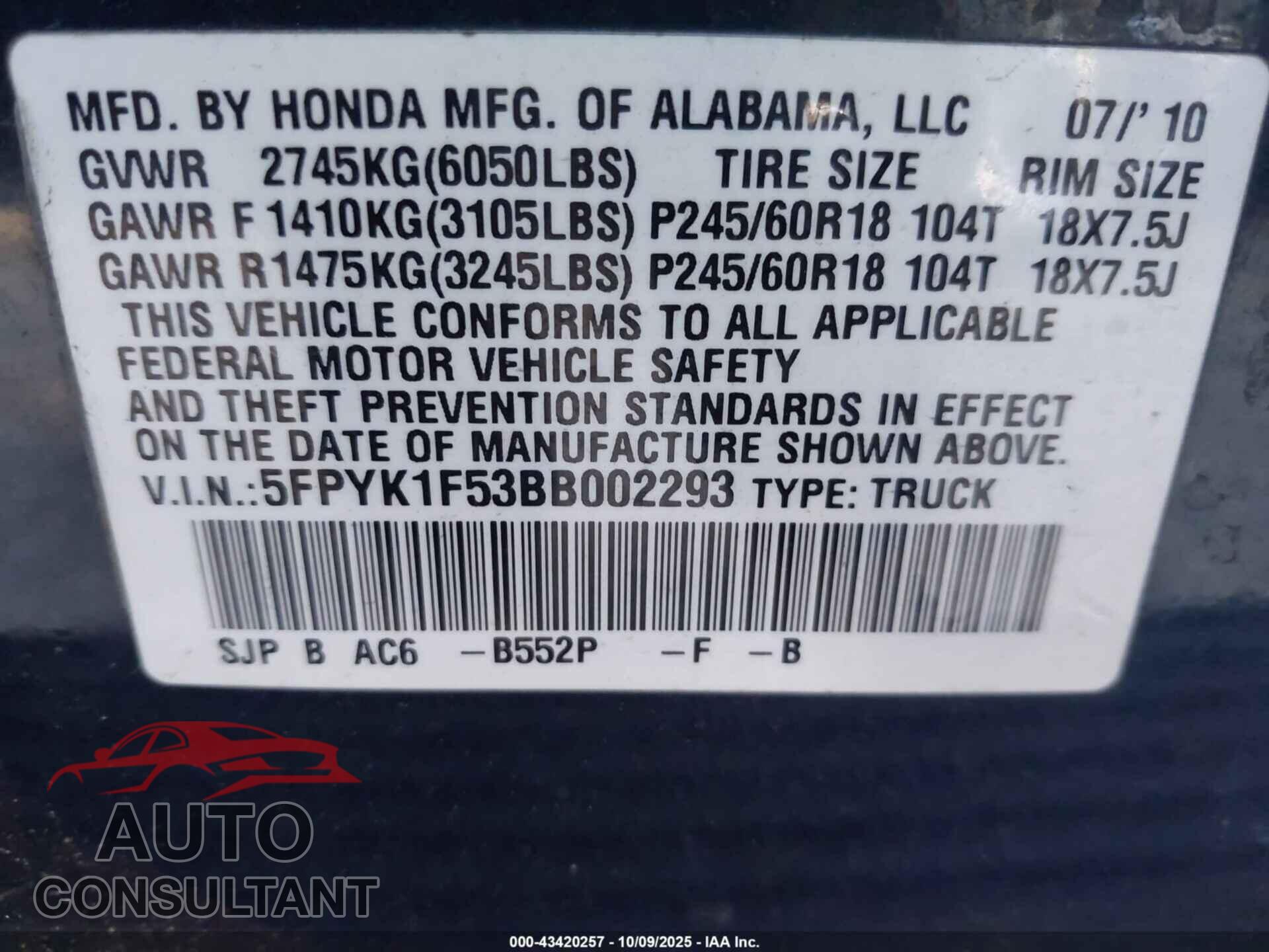 HONDA RIDGELINE 2011 - 5FPYK1F53BB002293