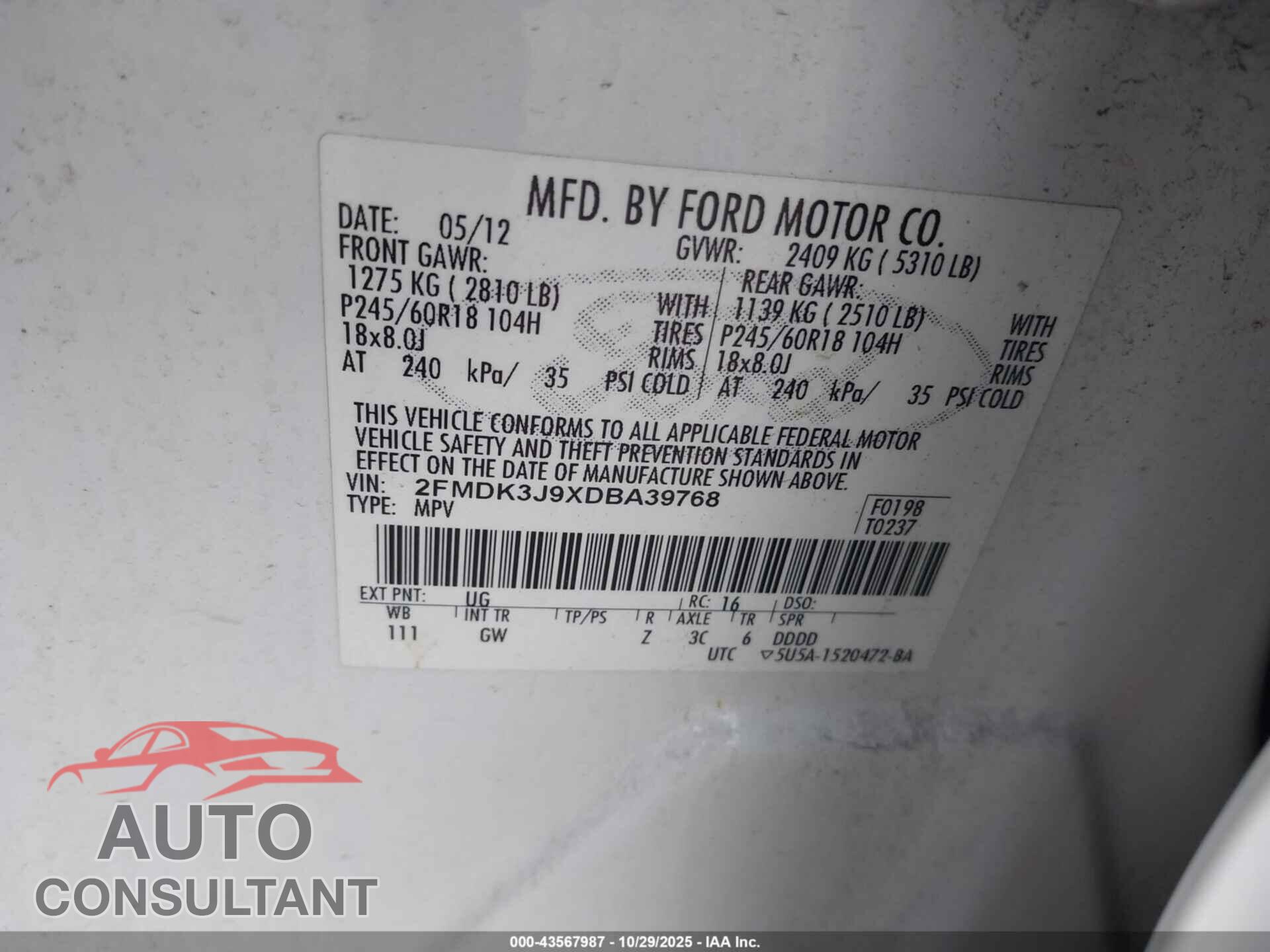 FORD EDGE 2013 - 2FMDK3J9XDBA39768