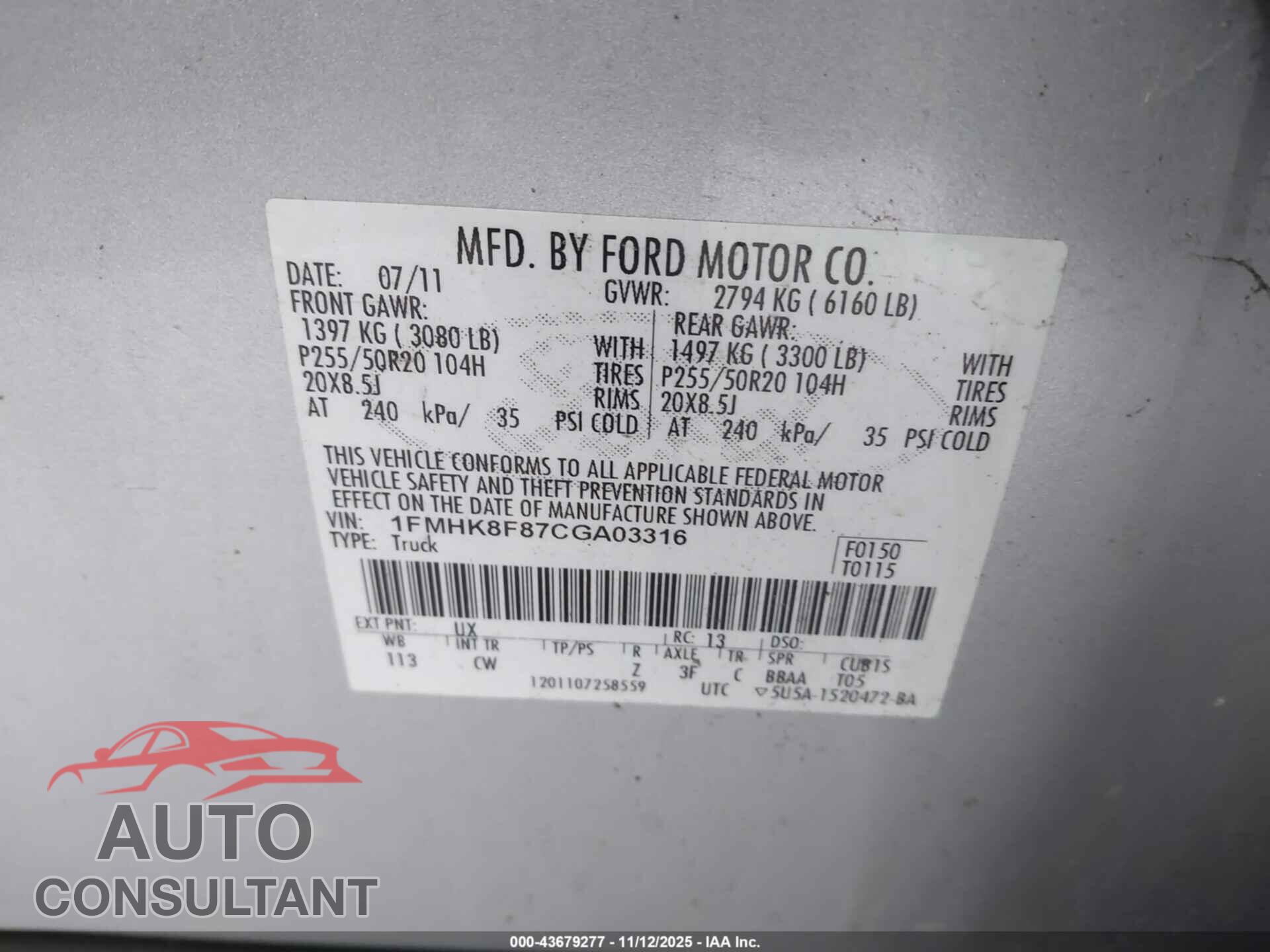 FORD EXPLORER 2012 - 1FMHK8F87CGA03316