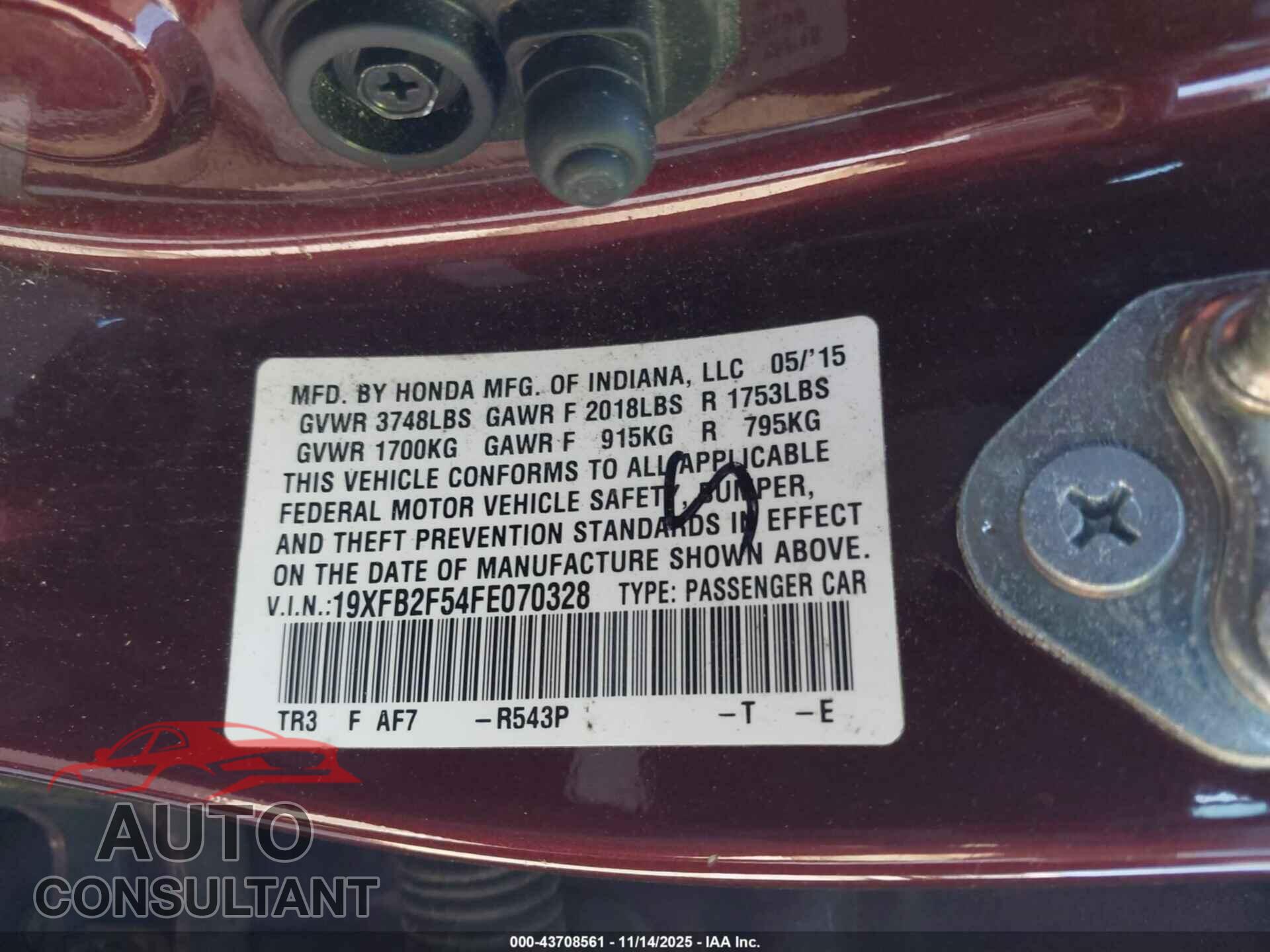 HONDA CIVIC 2015 - 19XFB2F54FE070328
