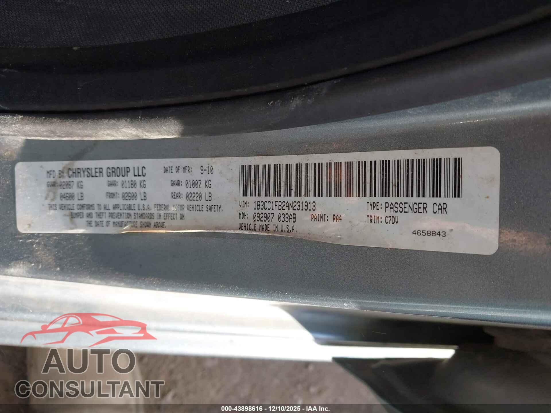 DODGE AVENGER 2010 - 1B3CC1FB2AN231913