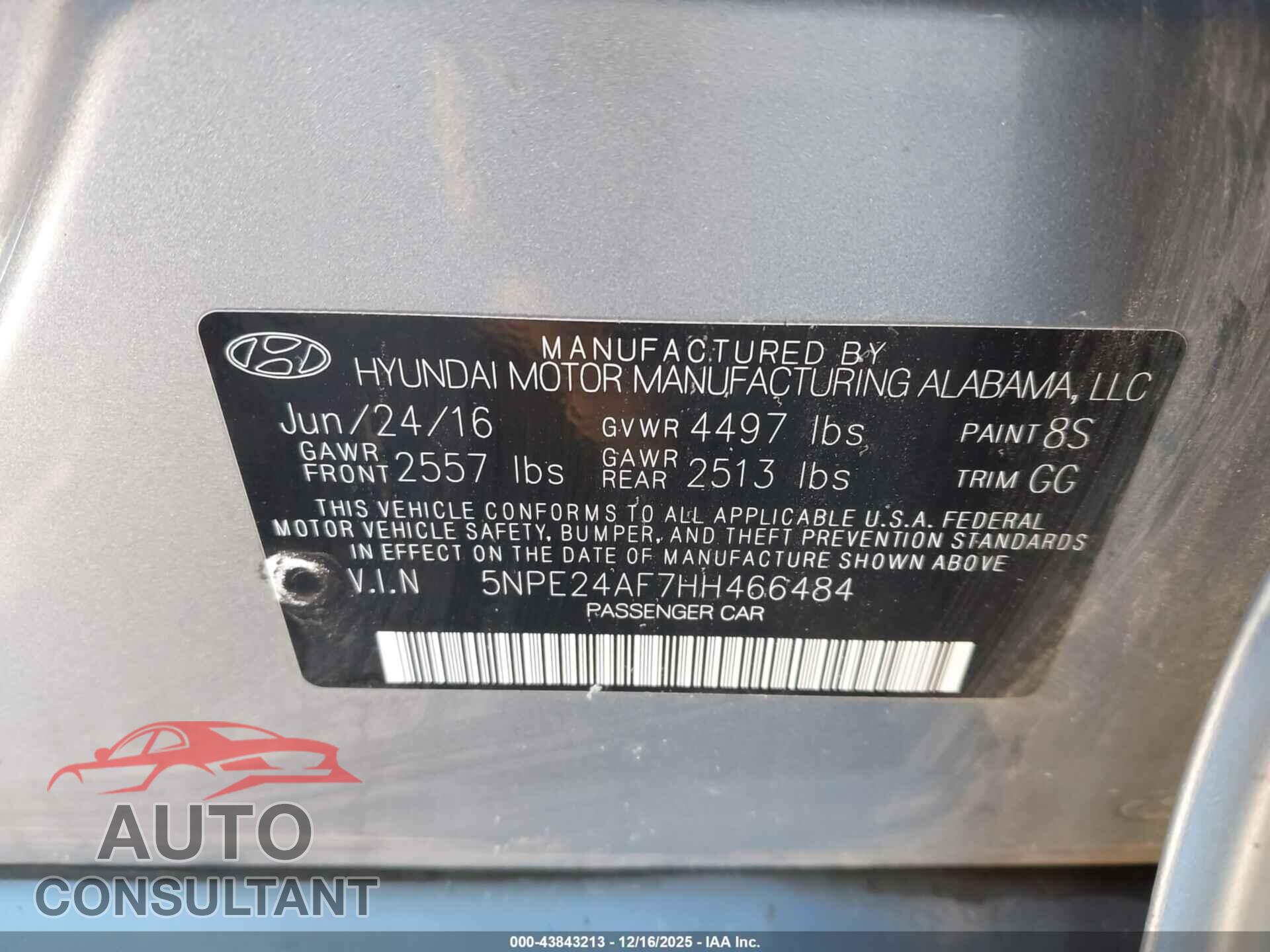 HYUNDAI SONATA 2017 - 5NPE24AF7HH466484