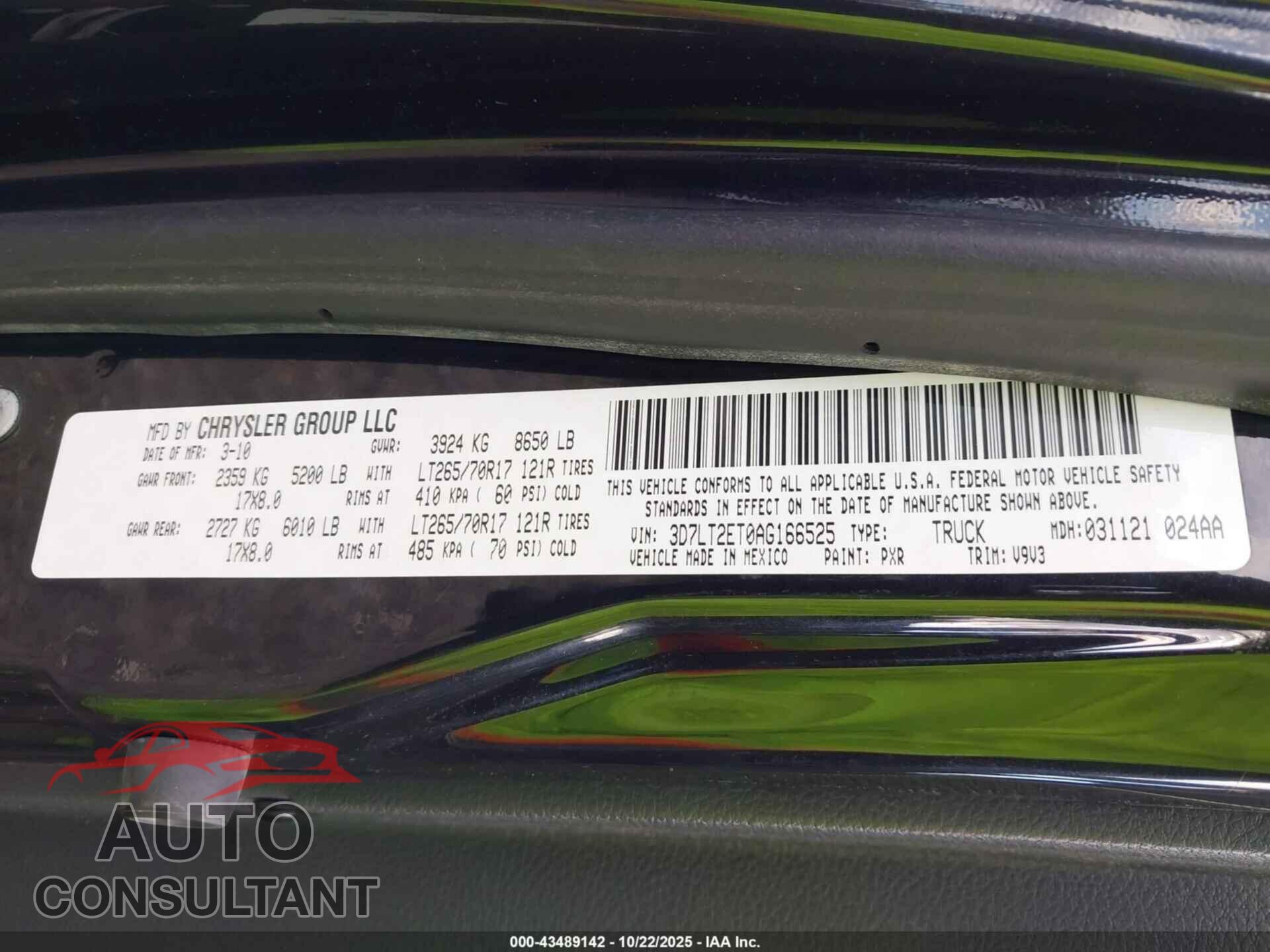 DODGE RAM 2500 2010 - 03D7LT2ET0AG16652