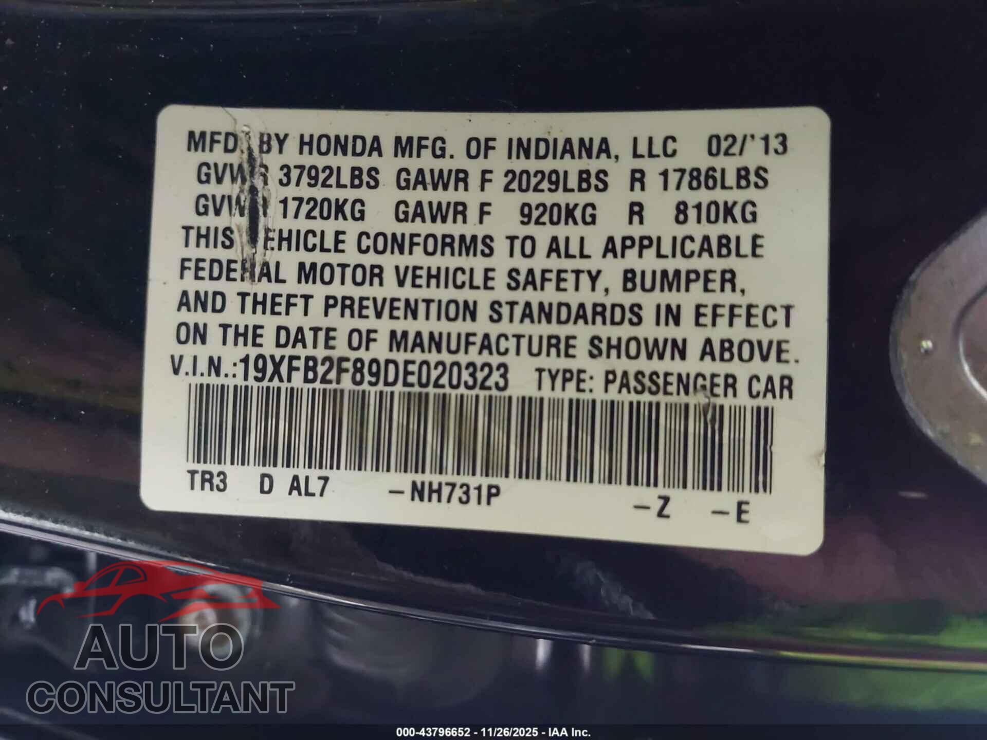HONDA CIVIC 2013 - 19XFB2F89DE020323