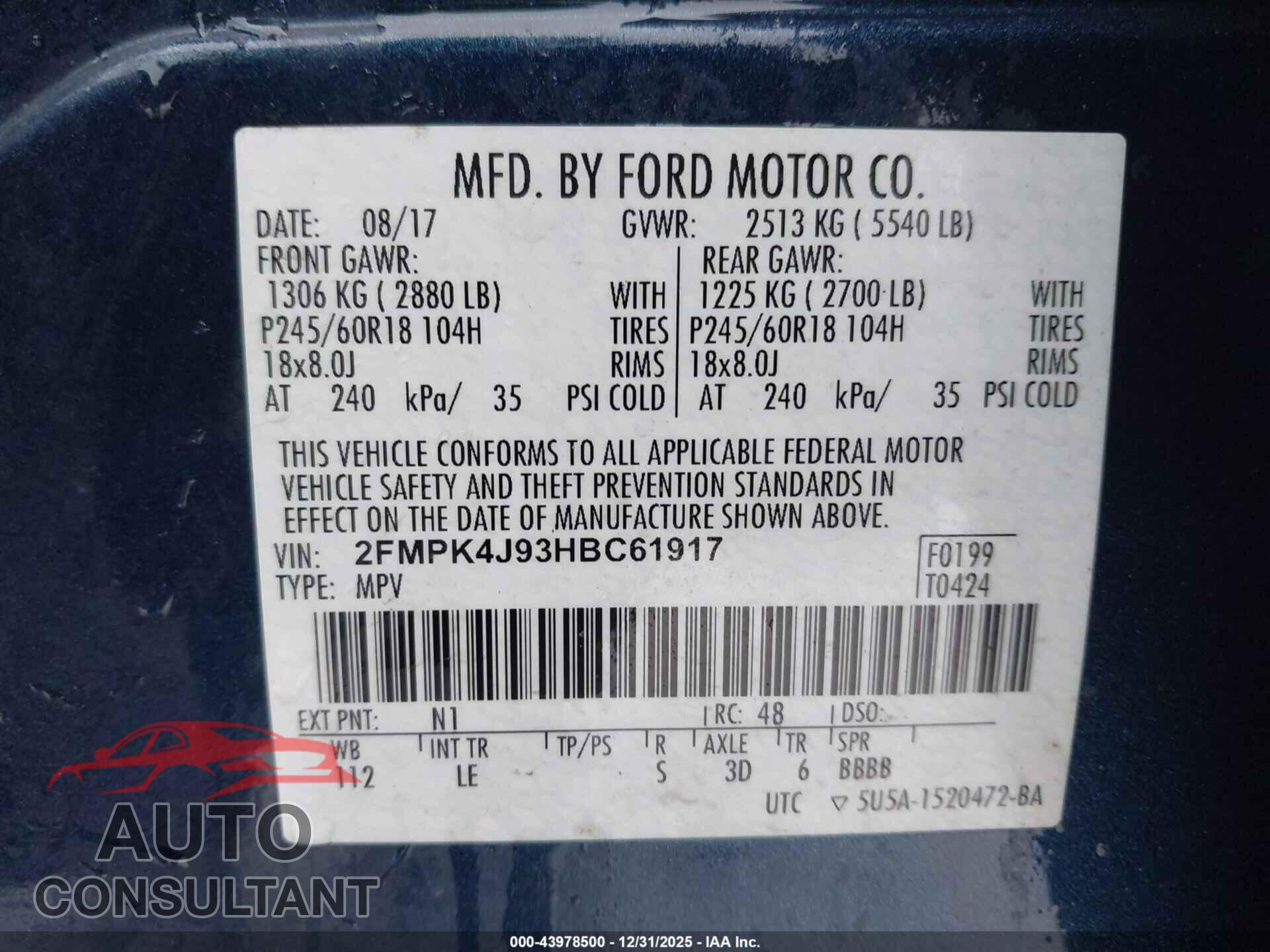 FORD EDGE 2017 - 2FMPK4J93HBC61917