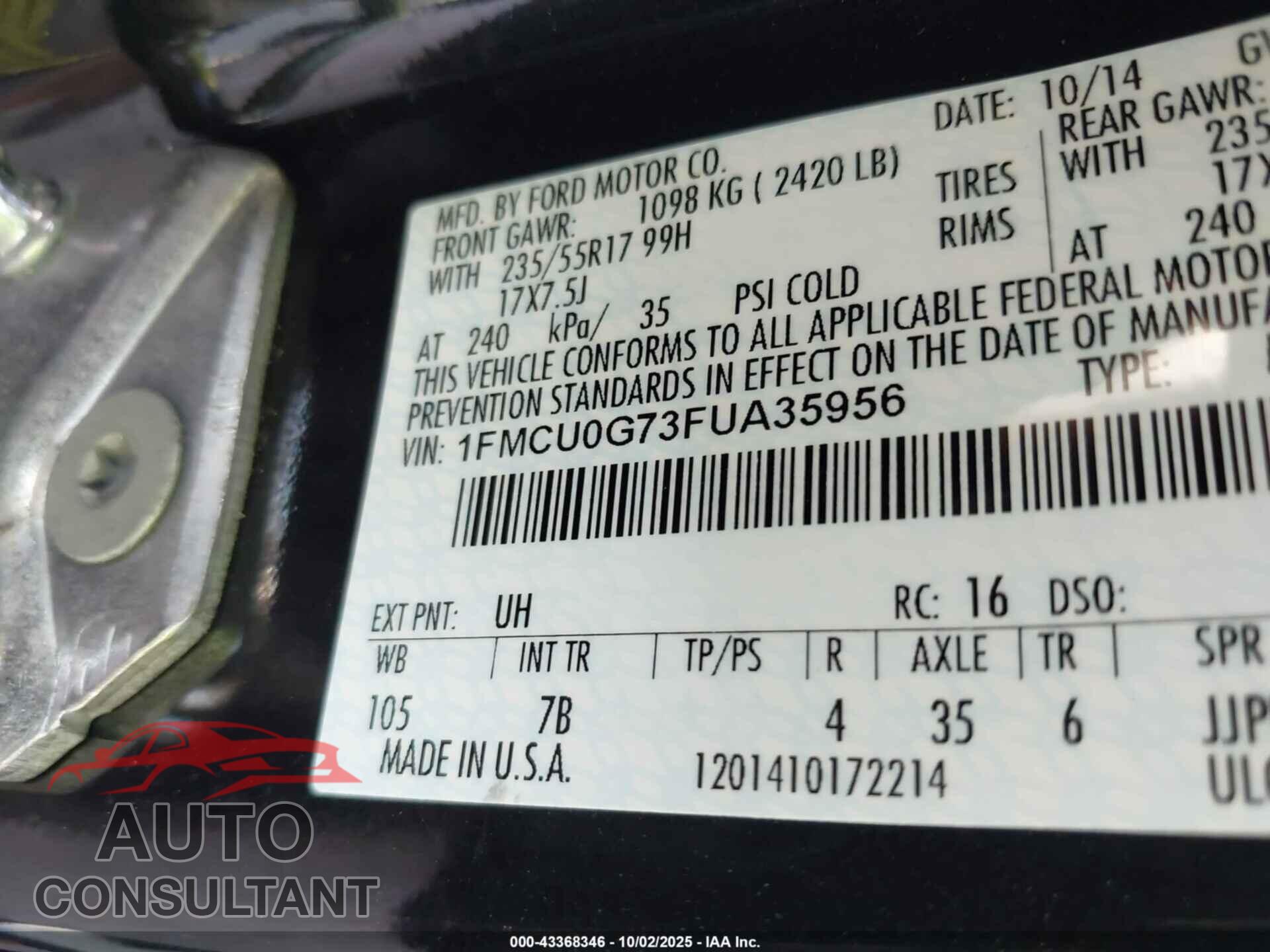 FORD ESCAPE 2015 - 1FMCU0G73FUA35956