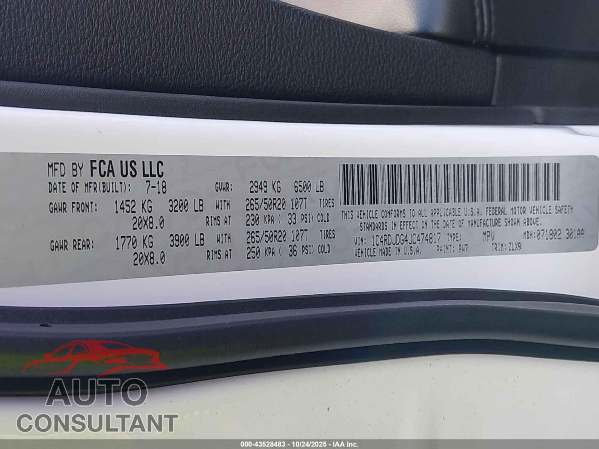 DODGE DURANGO 2018 - 1C4RDJDG4JC474817