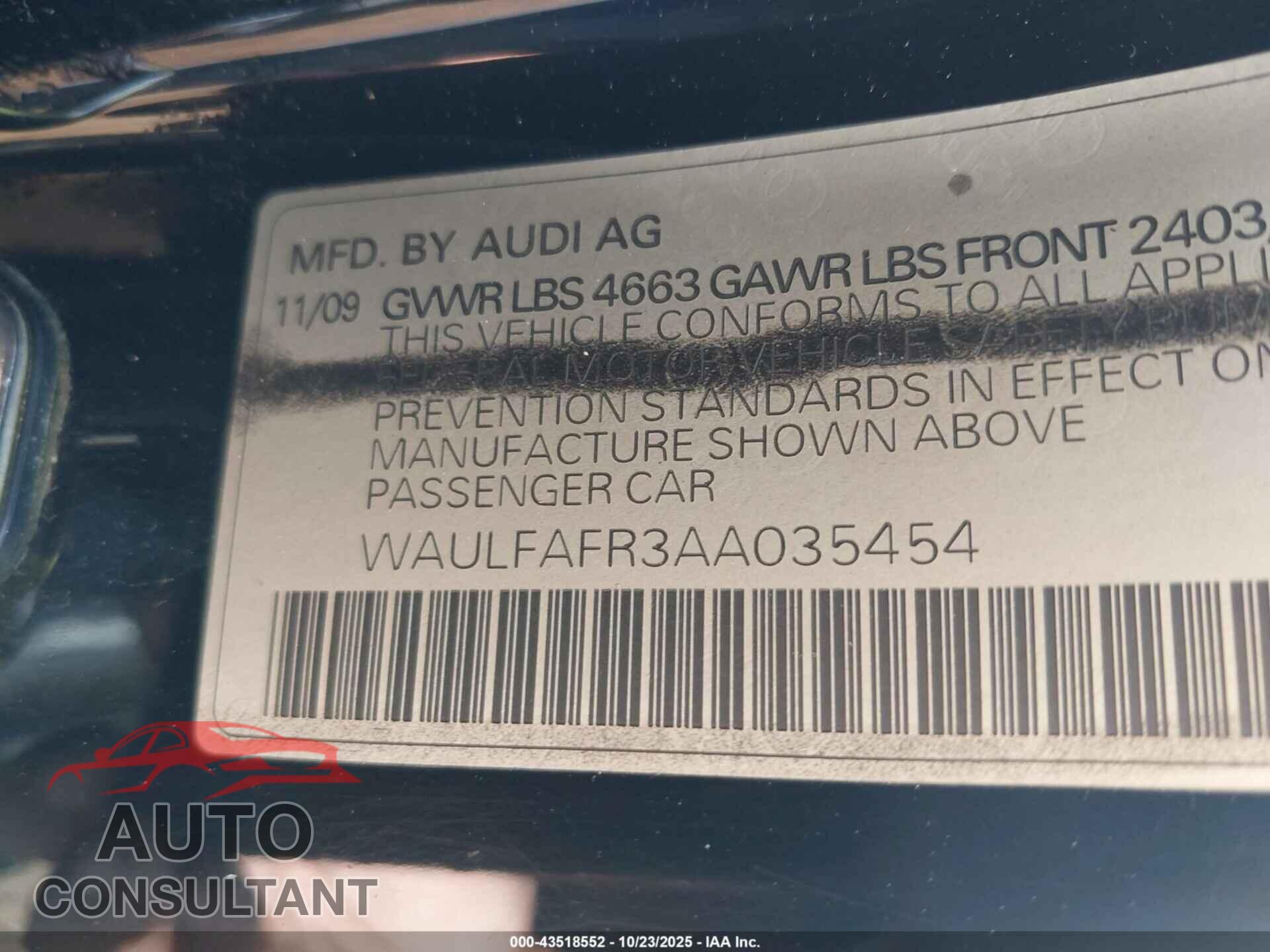 AUDI A5 2010 - WAULFAFR3AA035454