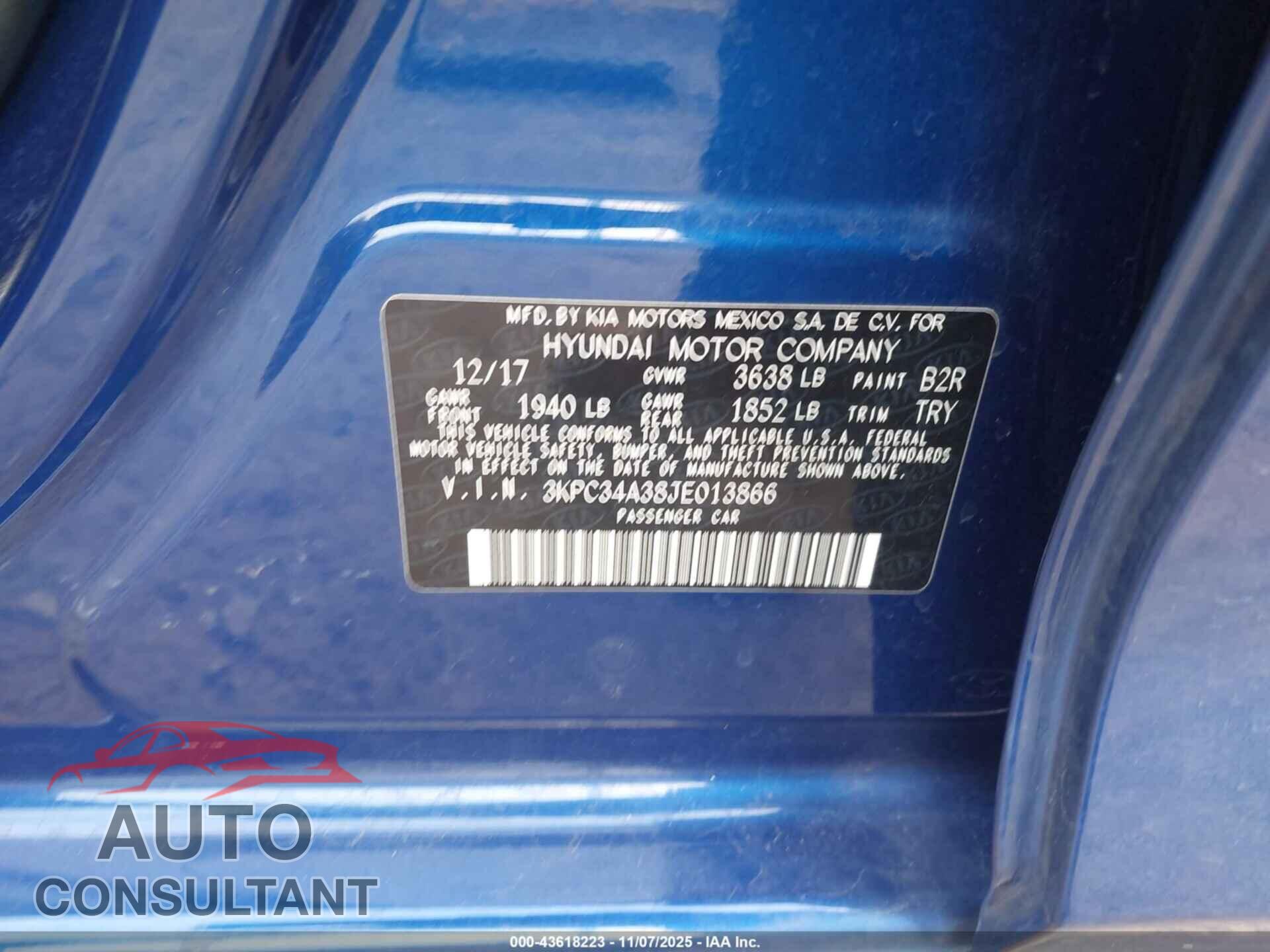HYUNDAI ACCENT 2018 - 3KPC34A38JE013866