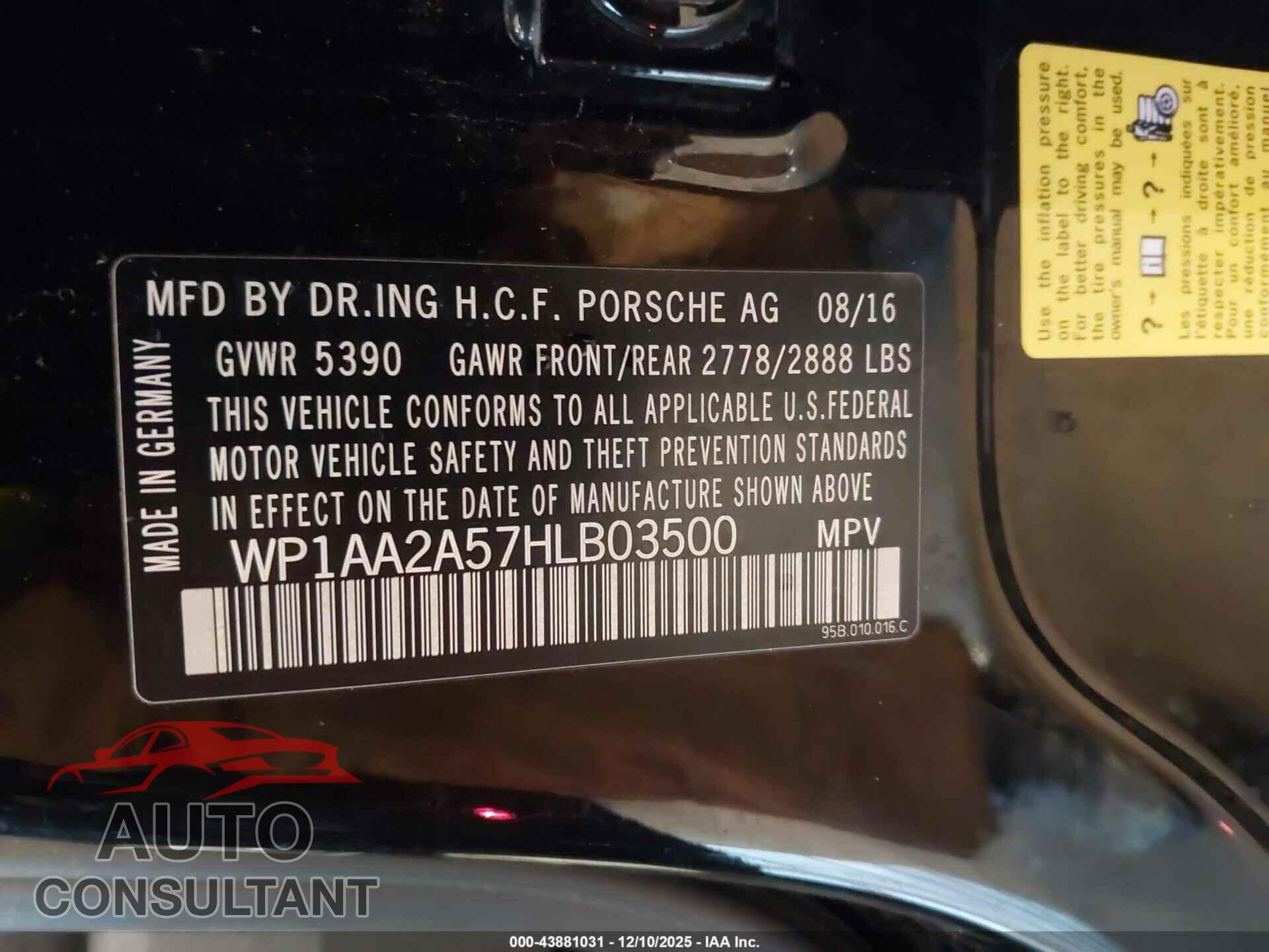 PORSCHE MACAN 2017 - WP1AA2A57HLB03500