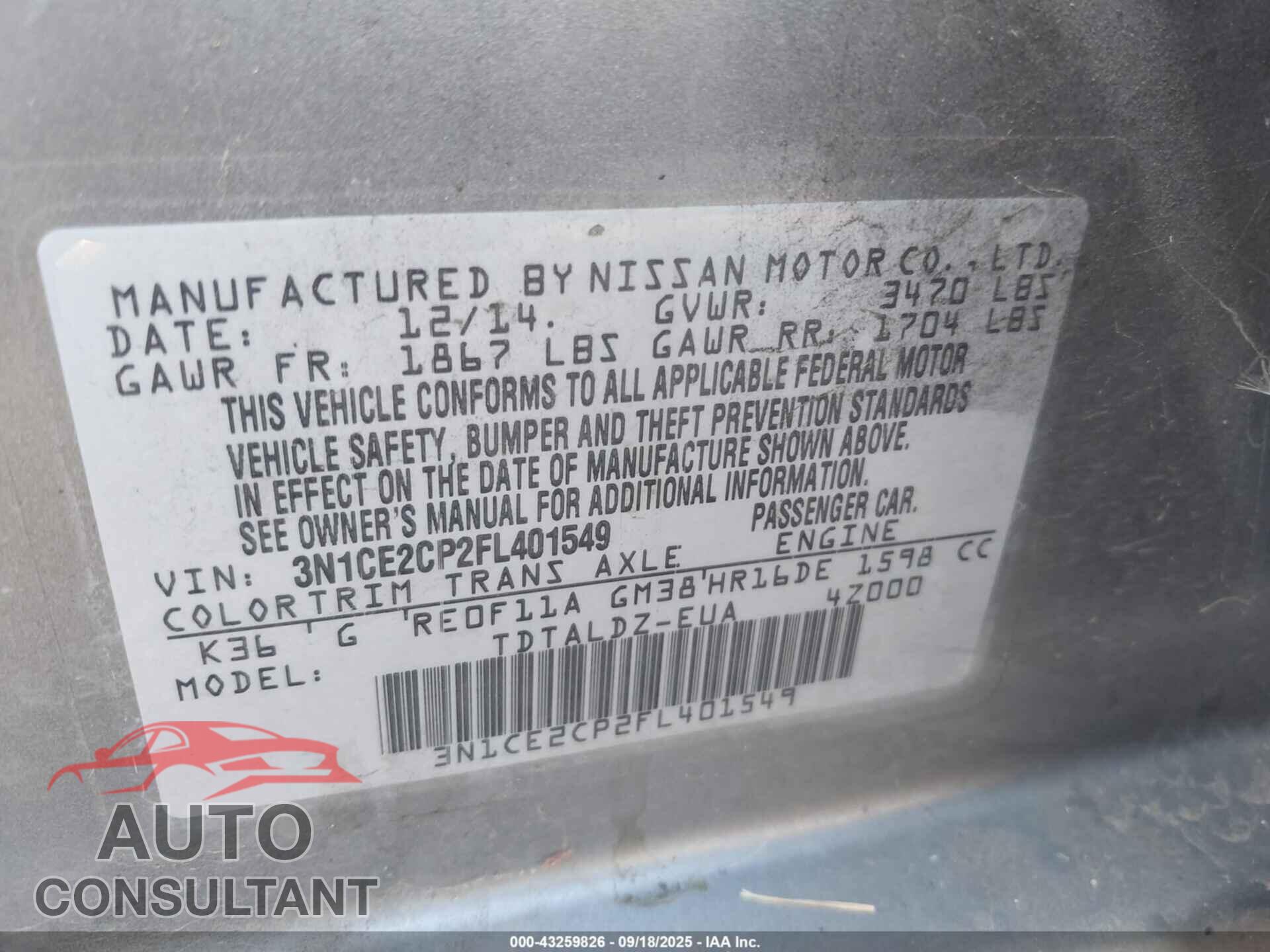 NISSAN VERSA NOTE 2015 - 3N1CE2CP2FL401549