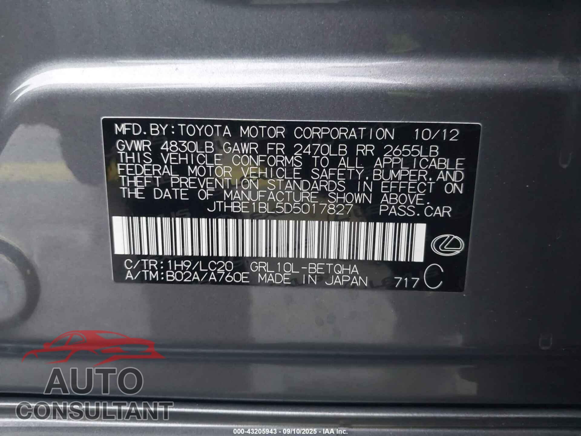 LEXUS GS 350 2013 - JTHBE1BL5D5017827