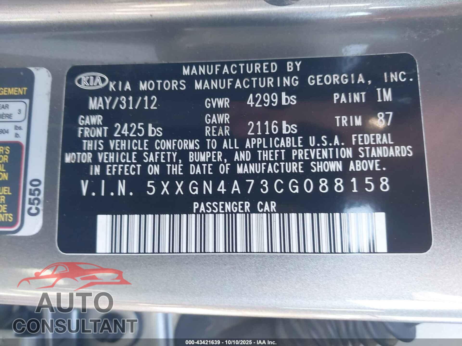 KIA OPTIMA 2012 - 5XXGN4A73CG088158
