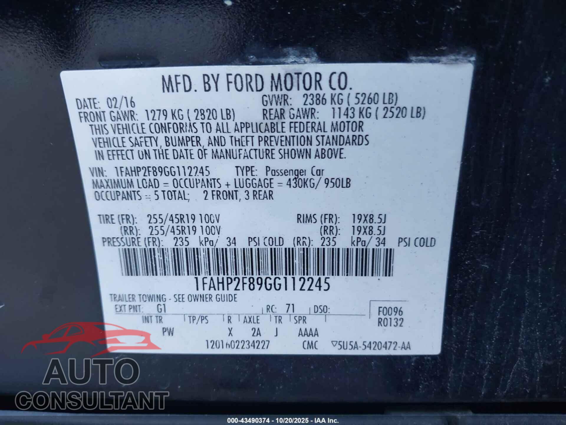 FORD TAURUS 2016 - 1FAHP2F89GG112245