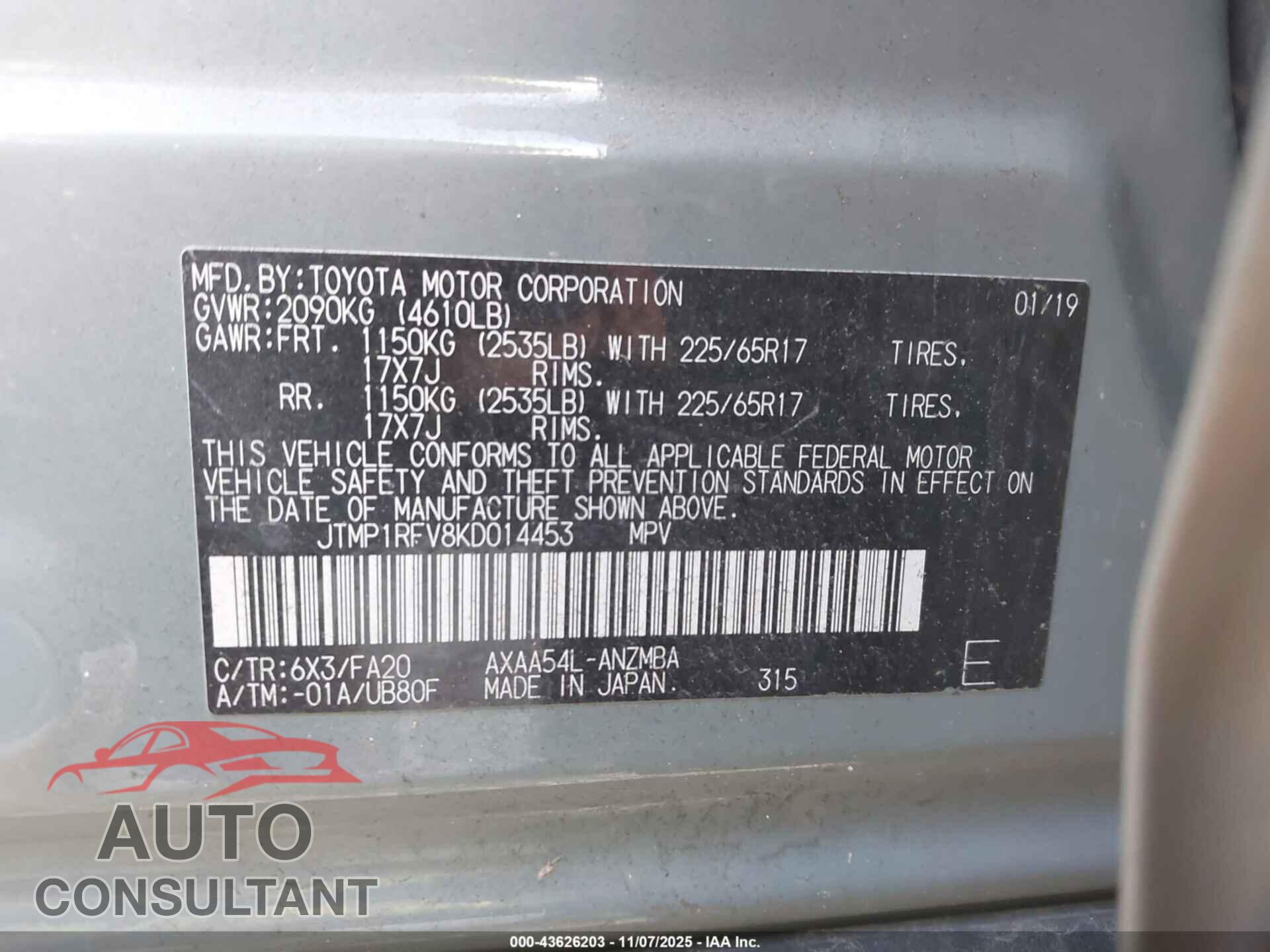 TOYOTA RAV4 2019 - JTMP1RFV8KD014453