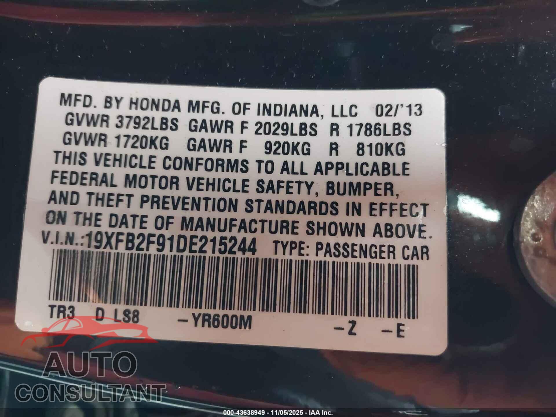 HONDA CIVIC 2013 - 19XFB2F91DE215244