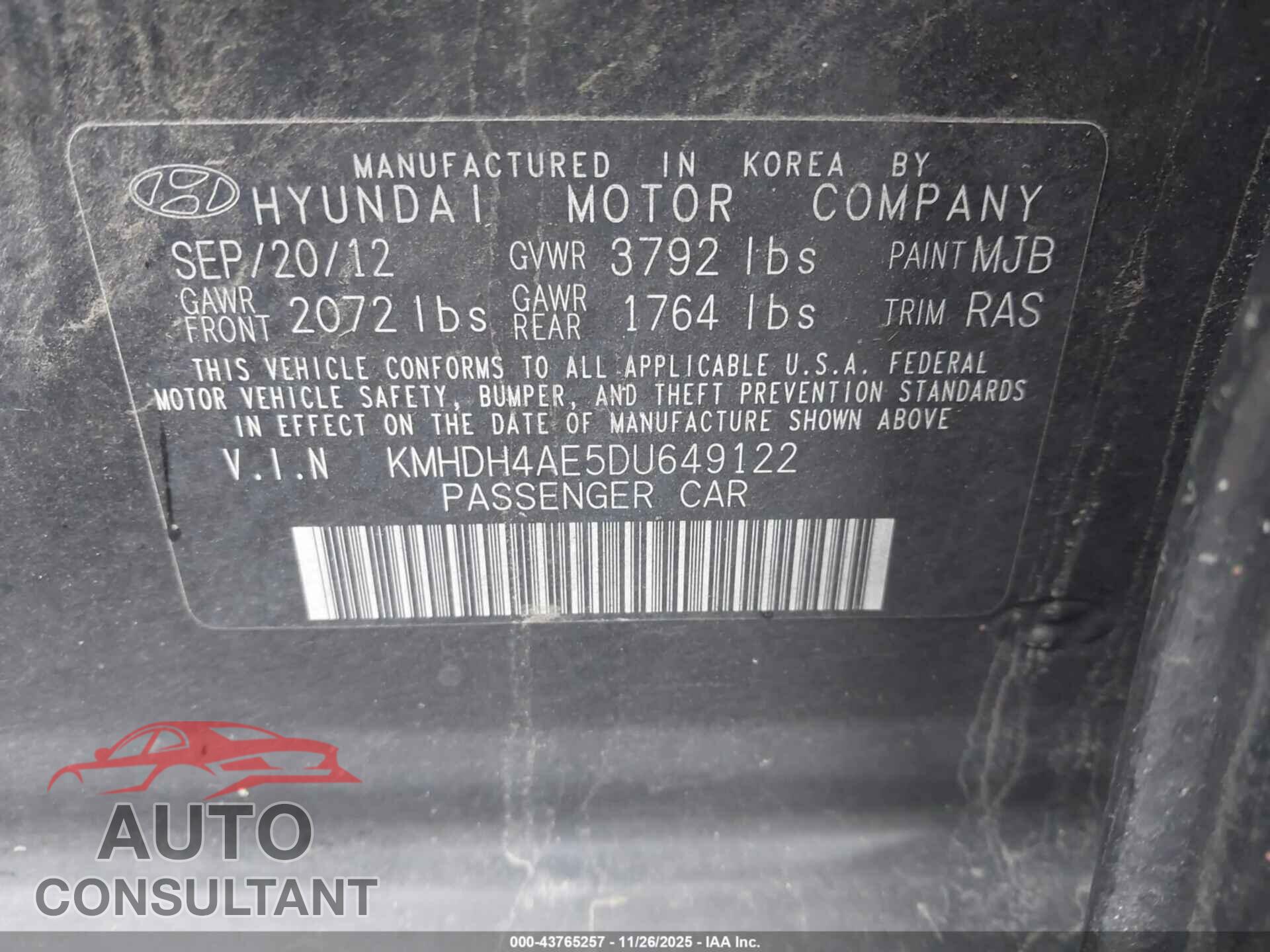 HYUNDAI ELANTRA 2013 - KMHDH4AE5DU649122