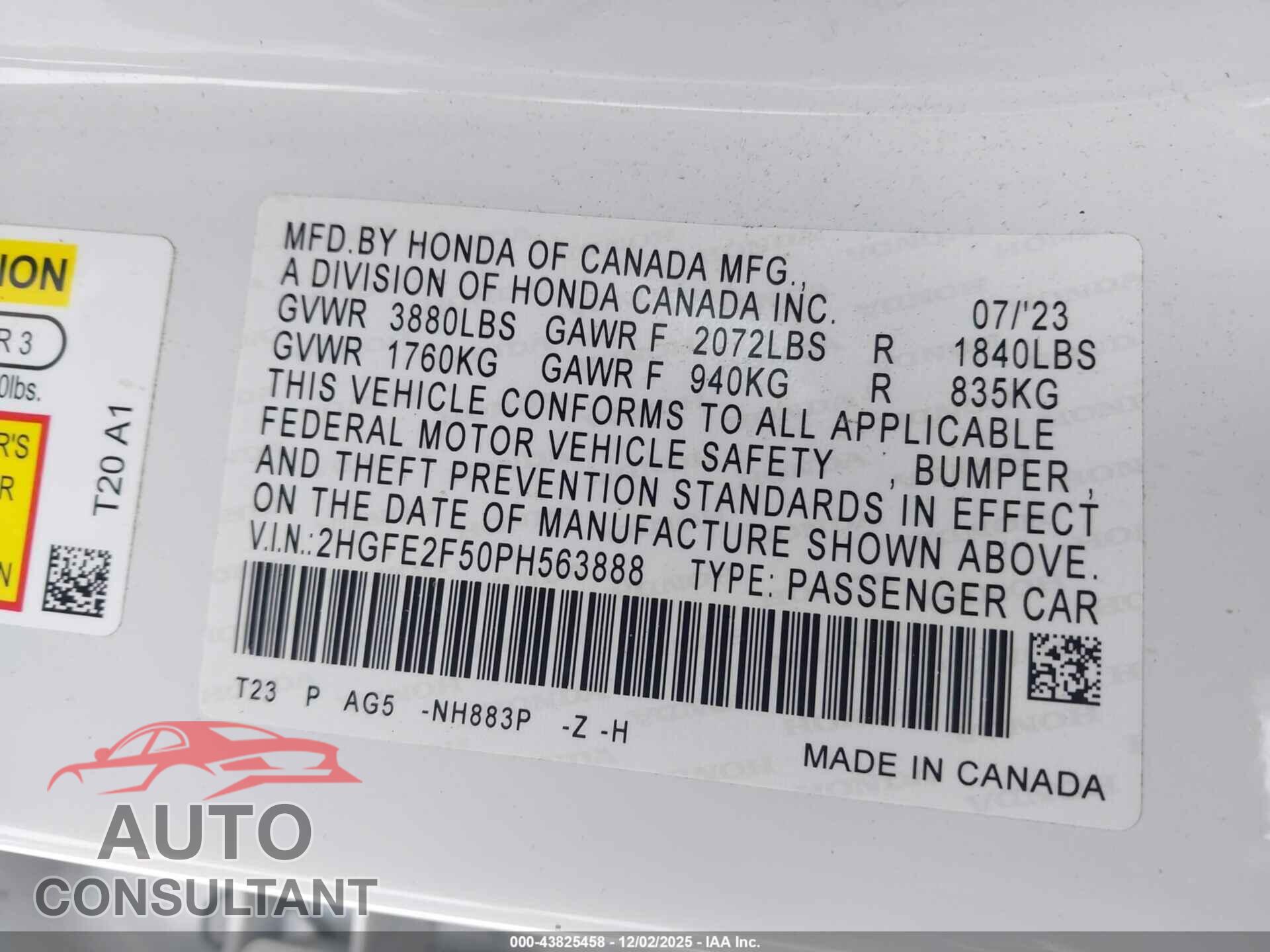 HONDA CIVIC 2023 - 2HGFE2F50PH563888