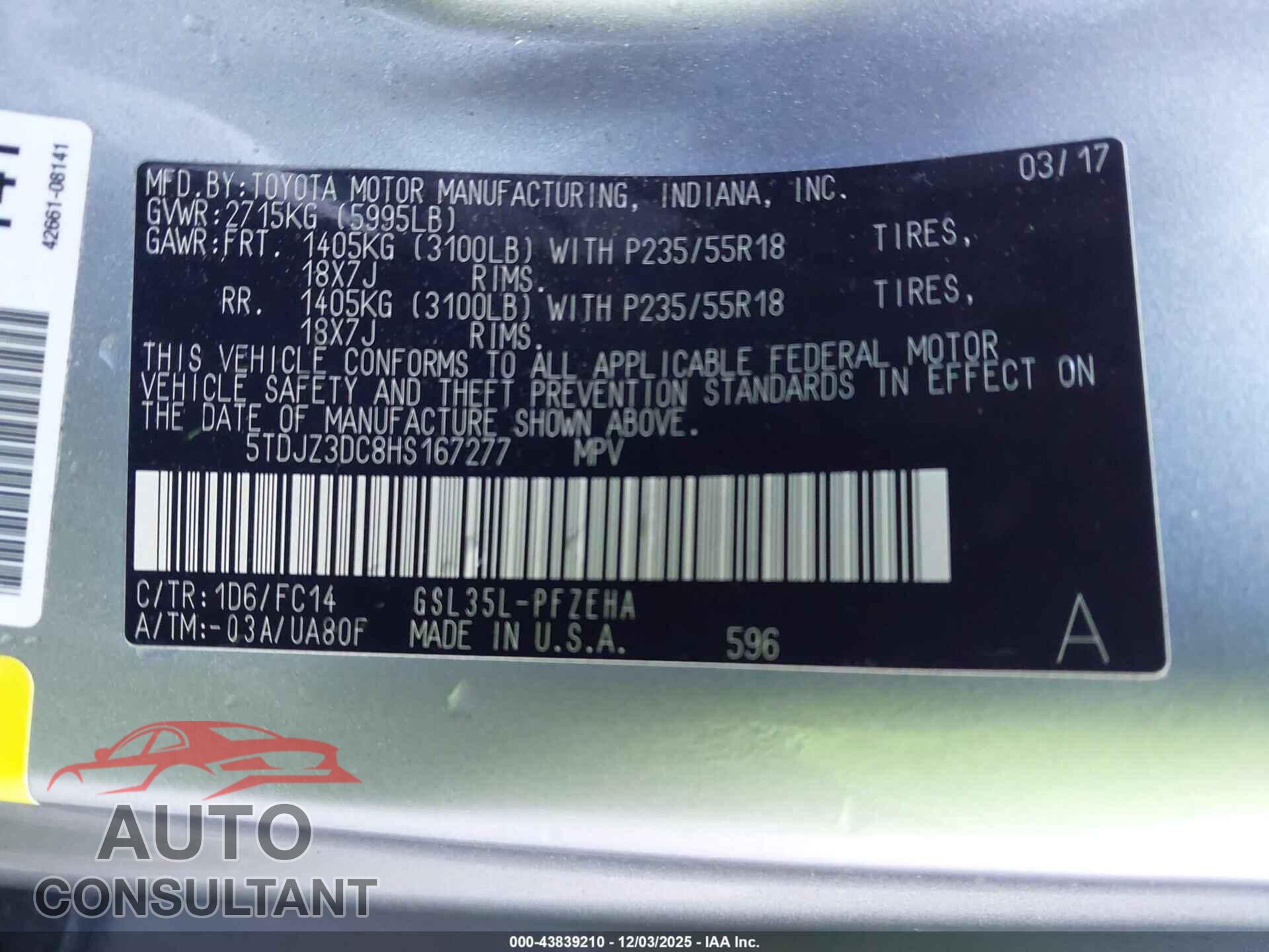 TOYOTA SIENNA 2017 - 5TDJZ3DC8HS167277