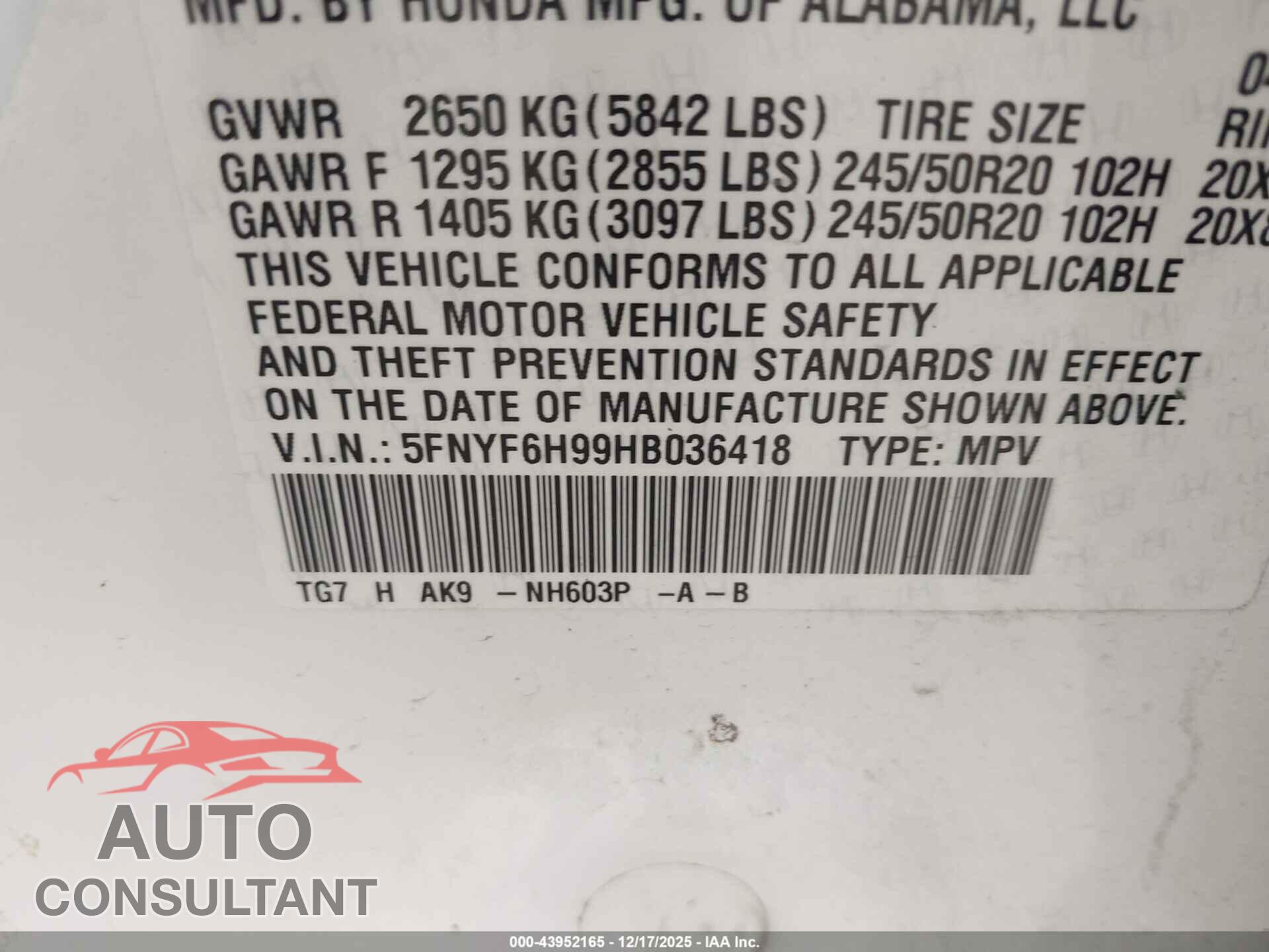 HONDA PILOT 2017 - 5FNYF6H99HB036418