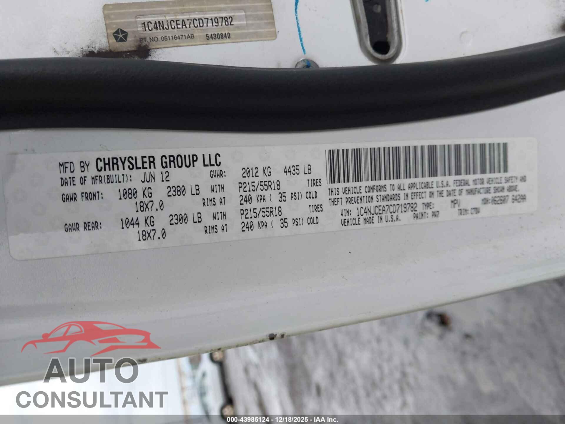 JEEP COMPASS 2012 - 1C4NJCEA7CD719782