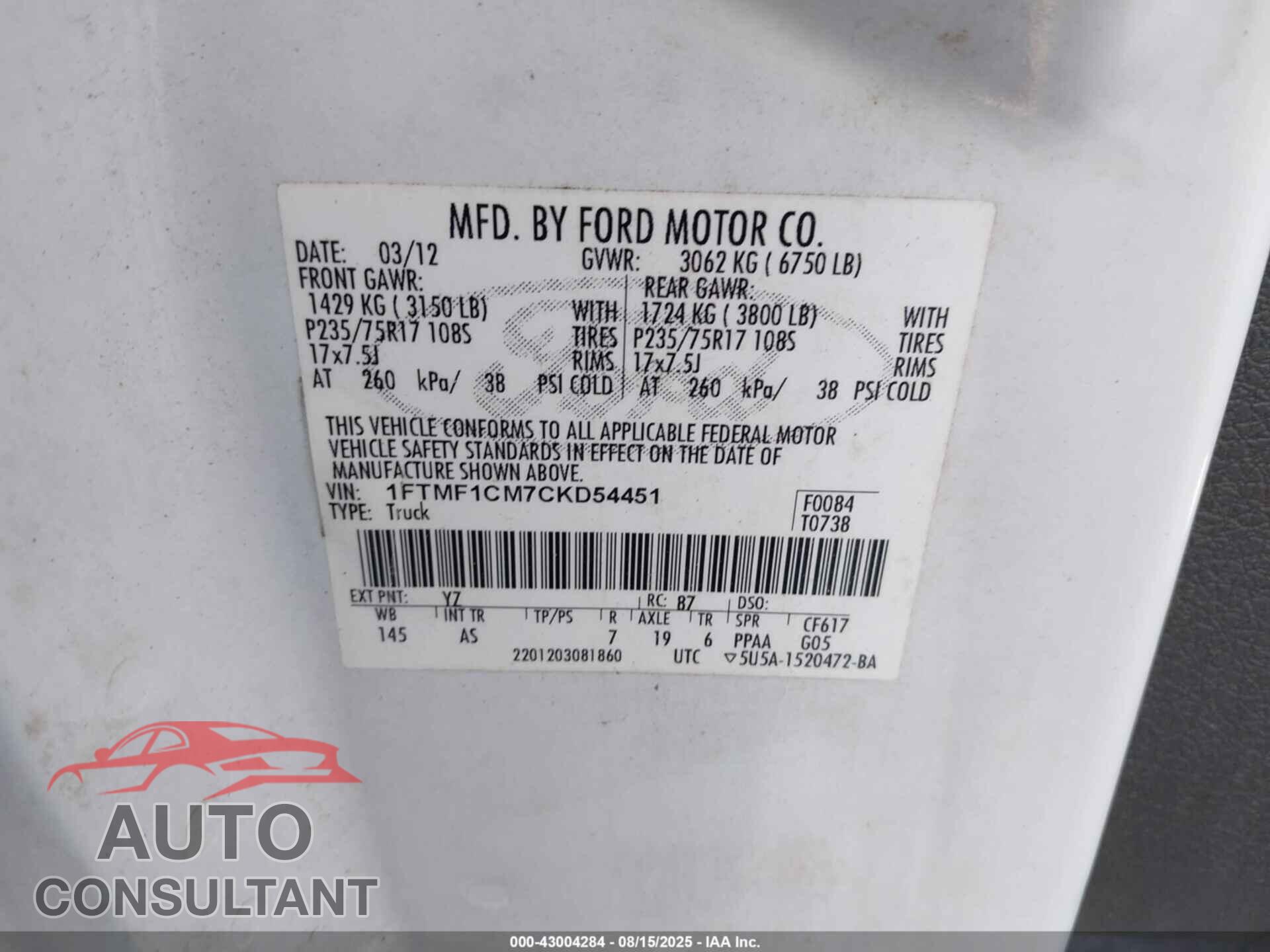 FORD F-150 2012 - 1FTMF1CM7CKD54451