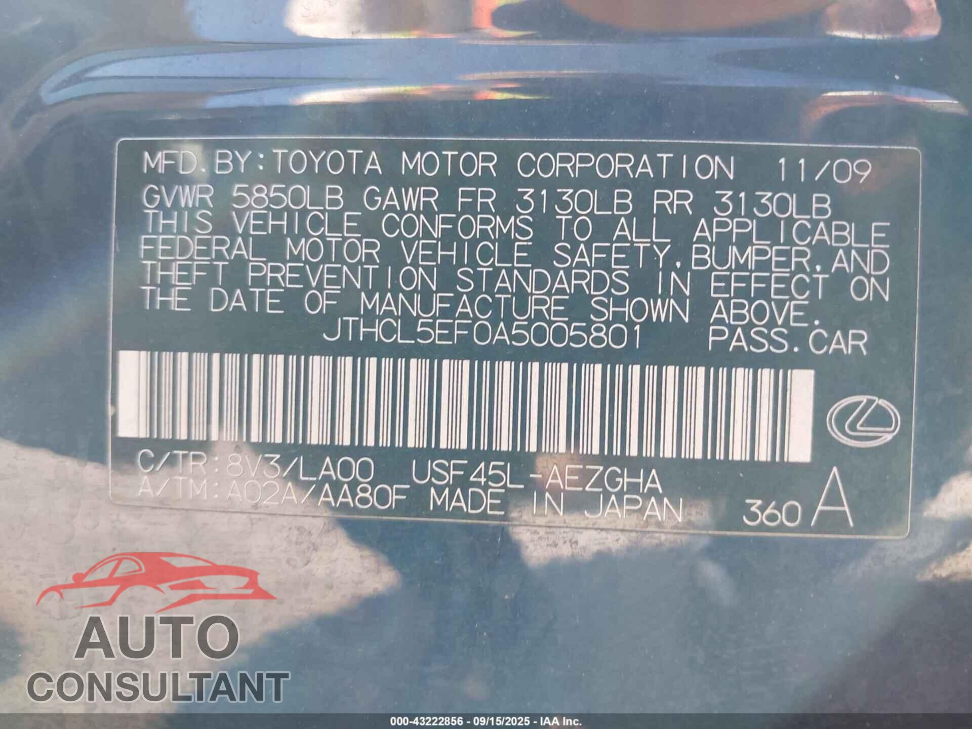 LEXUS LS 460 2010 - JTHCL5EF0A5005801
