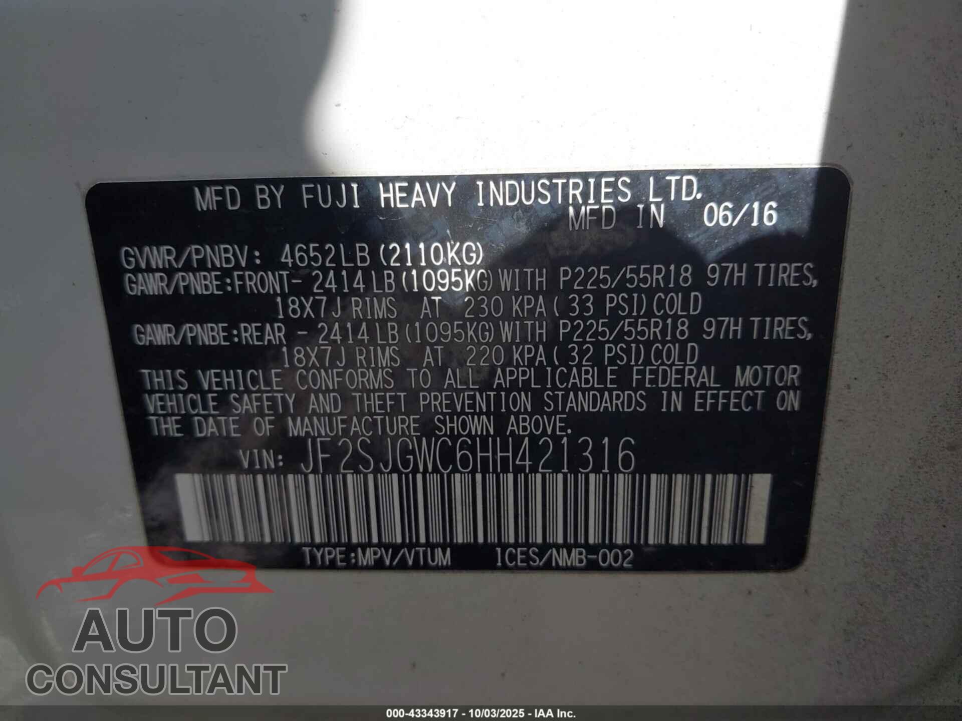 SUBARU FORESTER 2017 - JF2SJGWC6HH421316