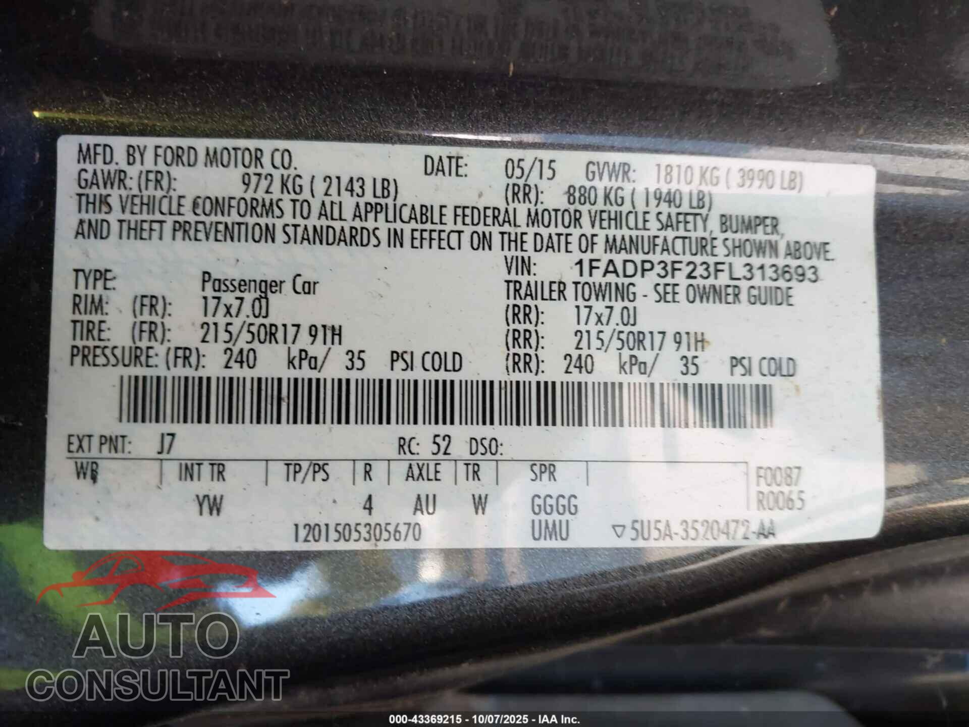 FORD FOCUS 2015 - 1FADP3F23FL313693
