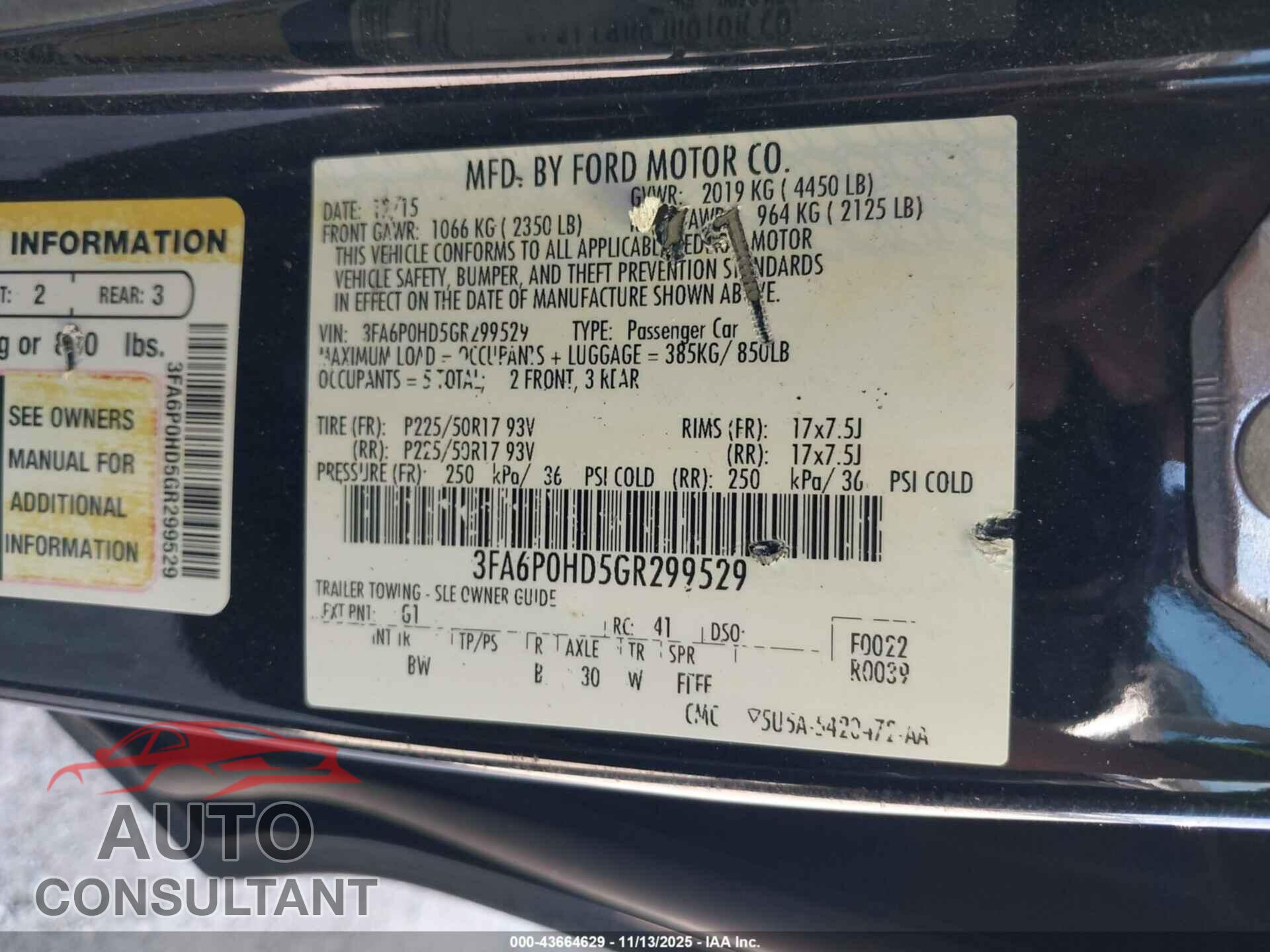FORD FUSION 2016 - 3FA6P0HD5GR299529