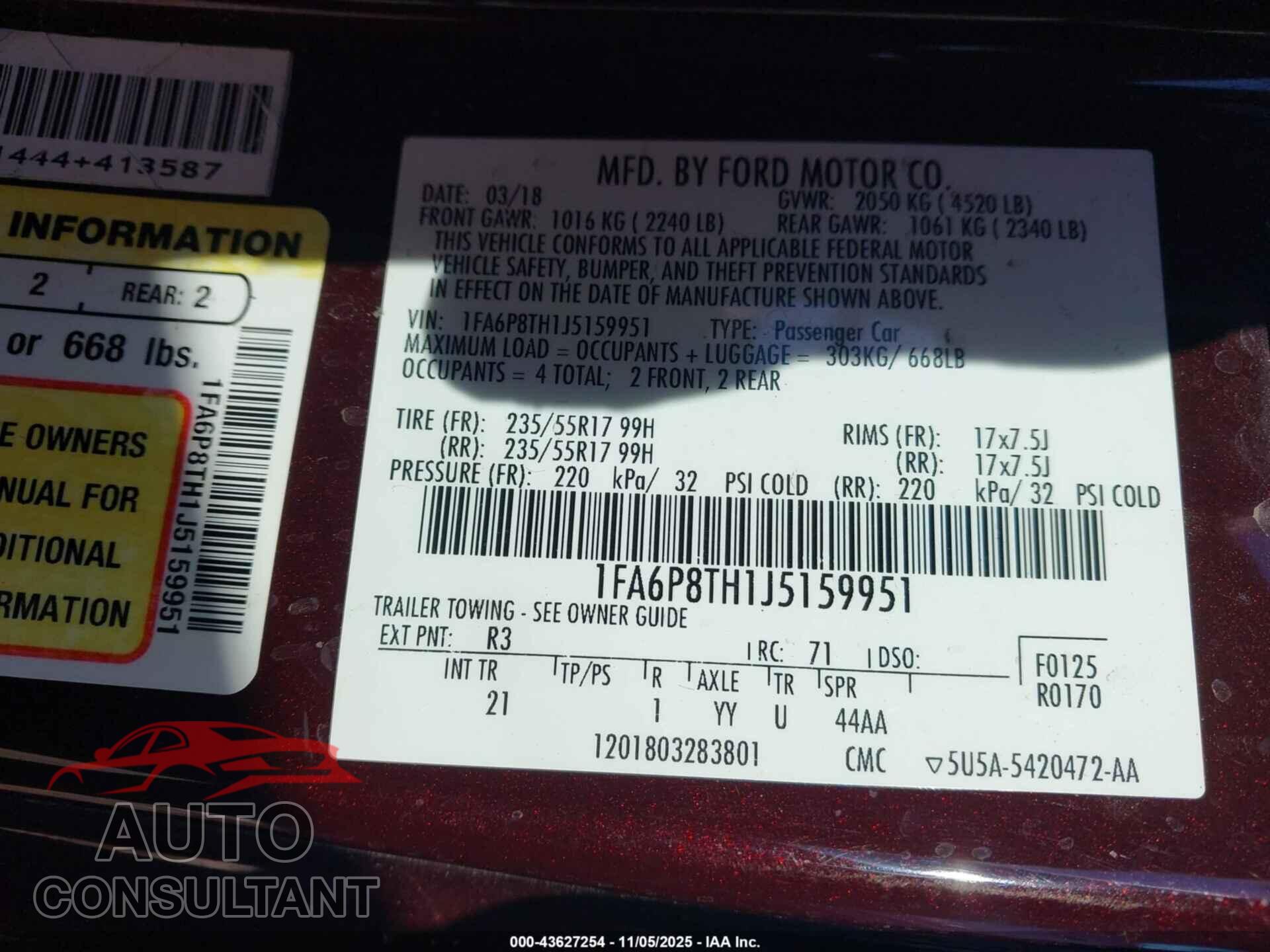 FORD MUSTANG 2018 - 1FA6P8TH1J5159951
