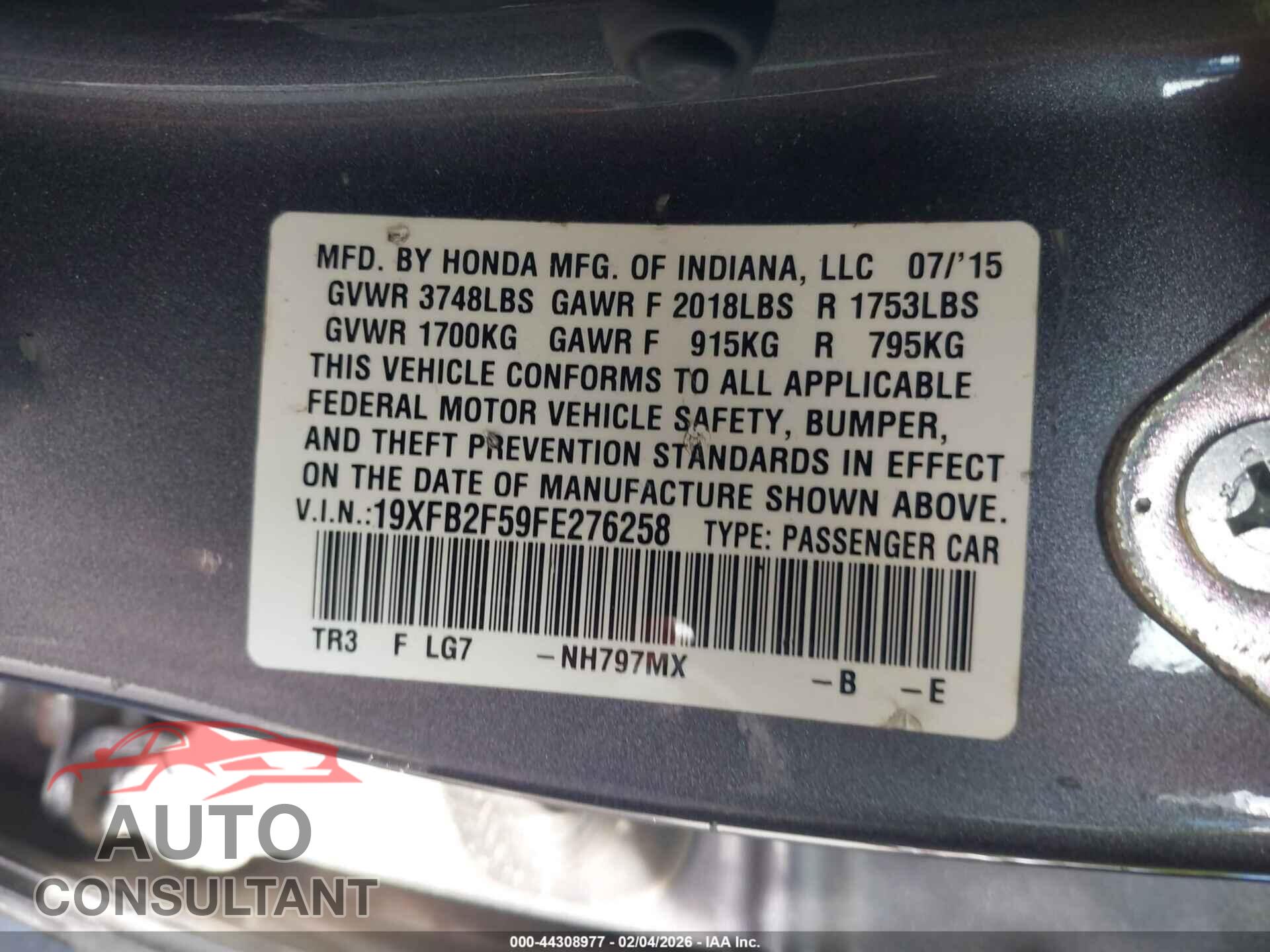 HONDA CIVIC 2015 - 19XFB2F59FE276258