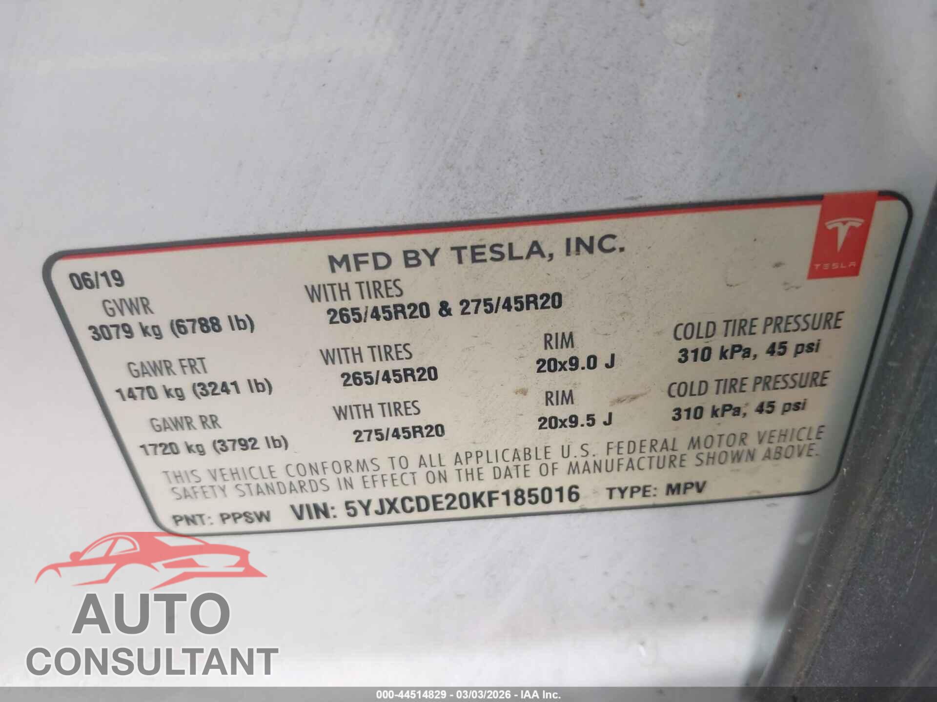 TESLA MODEL X 2019 - 5YJXCDE20KF185016