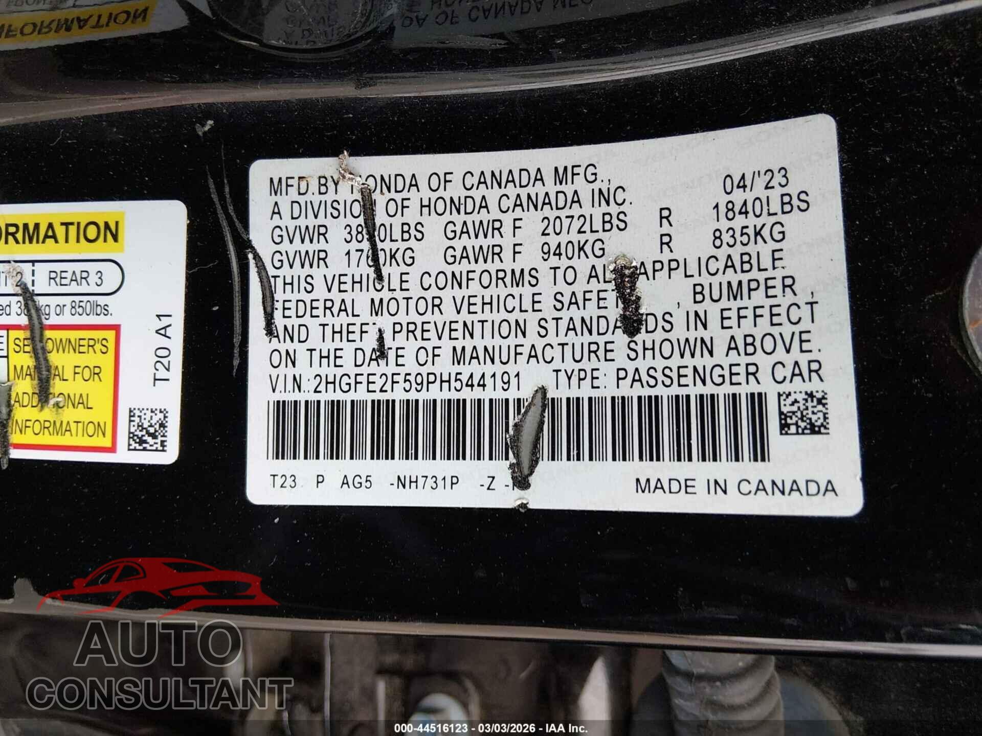 HONDA CIVIC 2023 - 2HGFE2F59PH544191