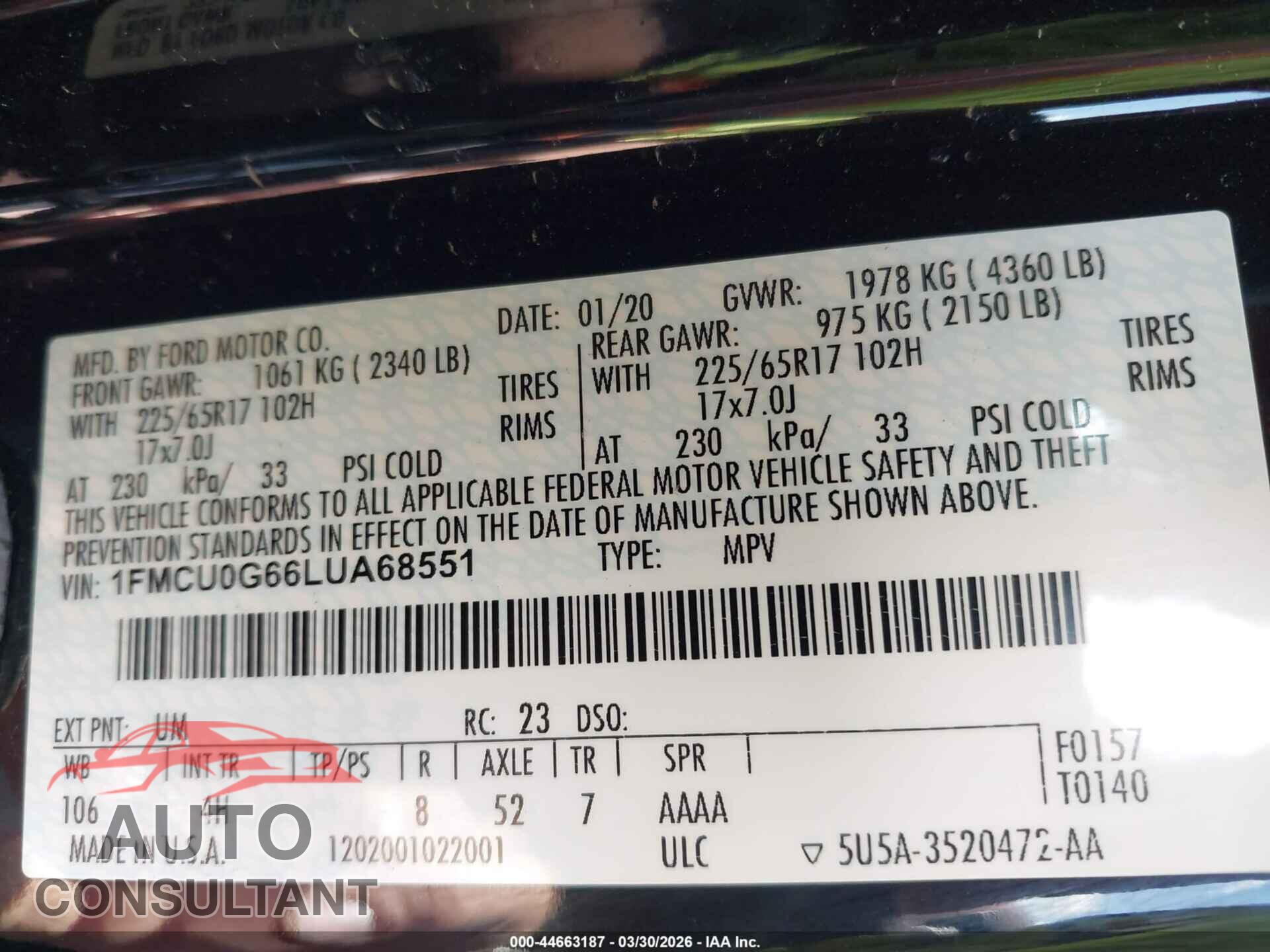 FORD ESCAPE 2020 - 1FMCU0G66LUA68551