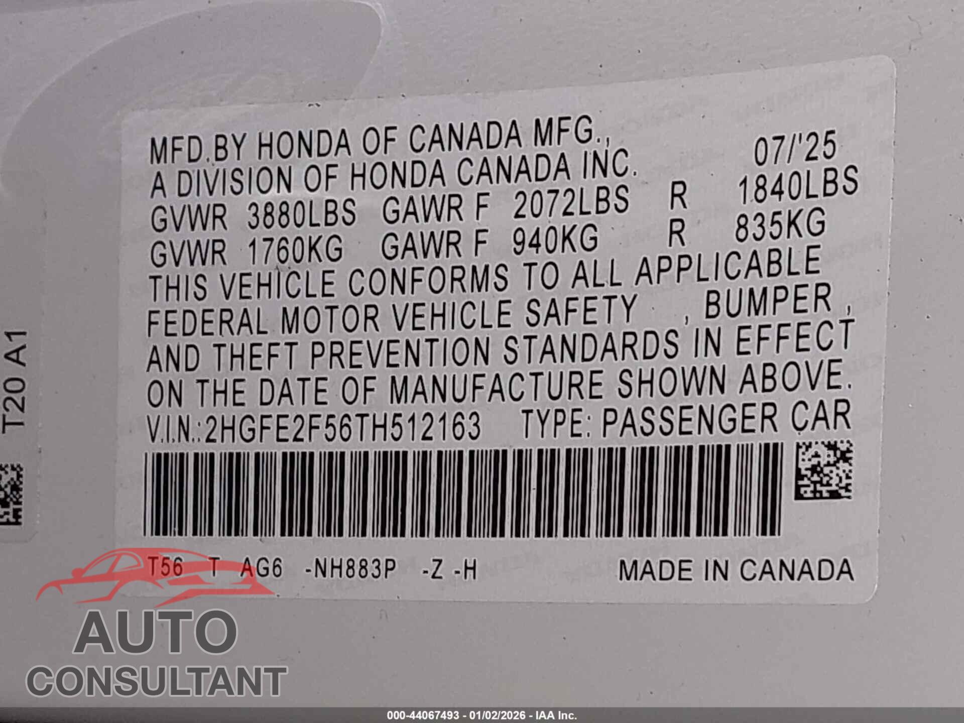 HONDA CIVIC 2026 - 2HGFE2F56TH512163