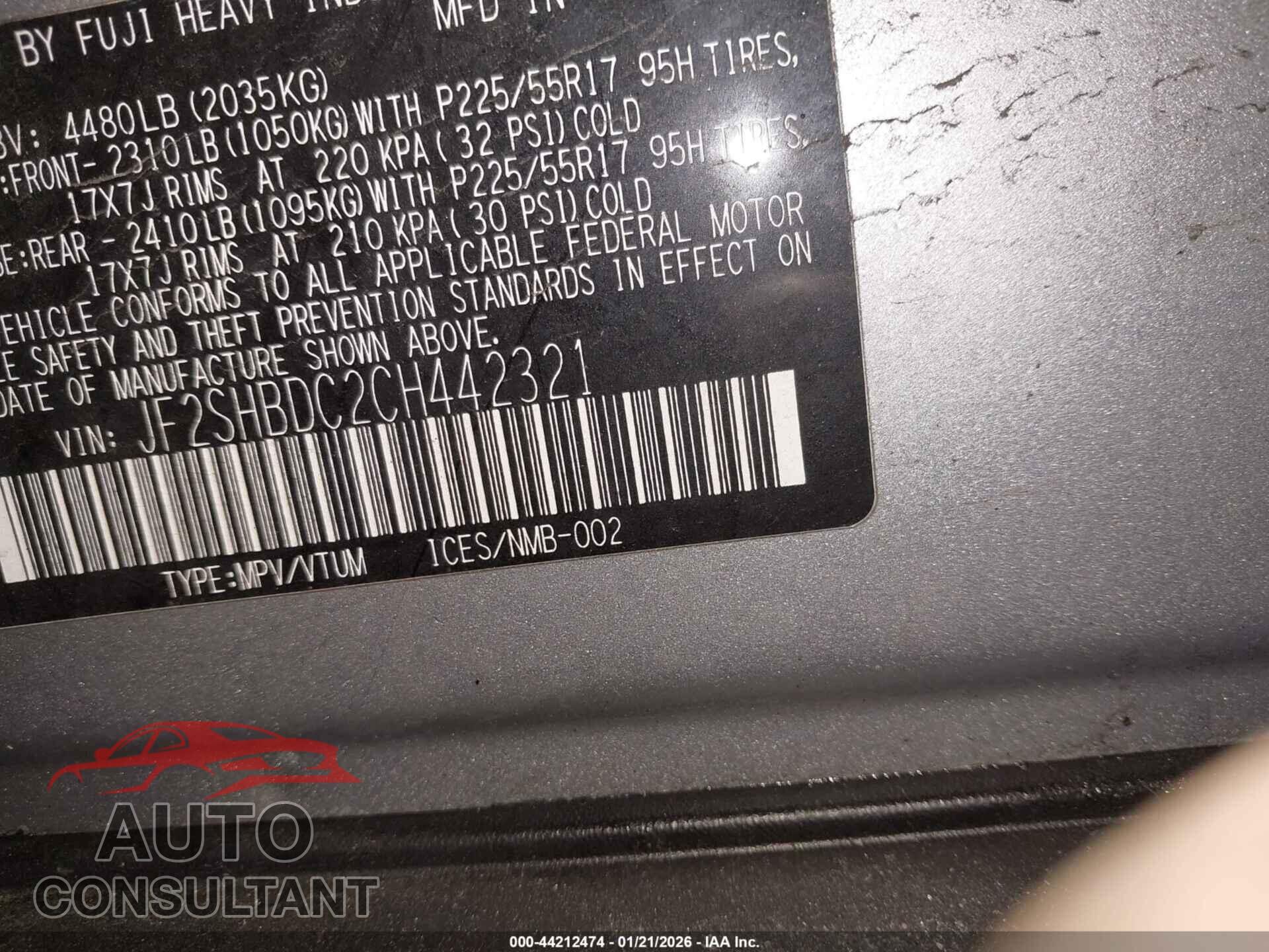 SUBARU FORESTER 2012 - JF2SHBDC2CH442321