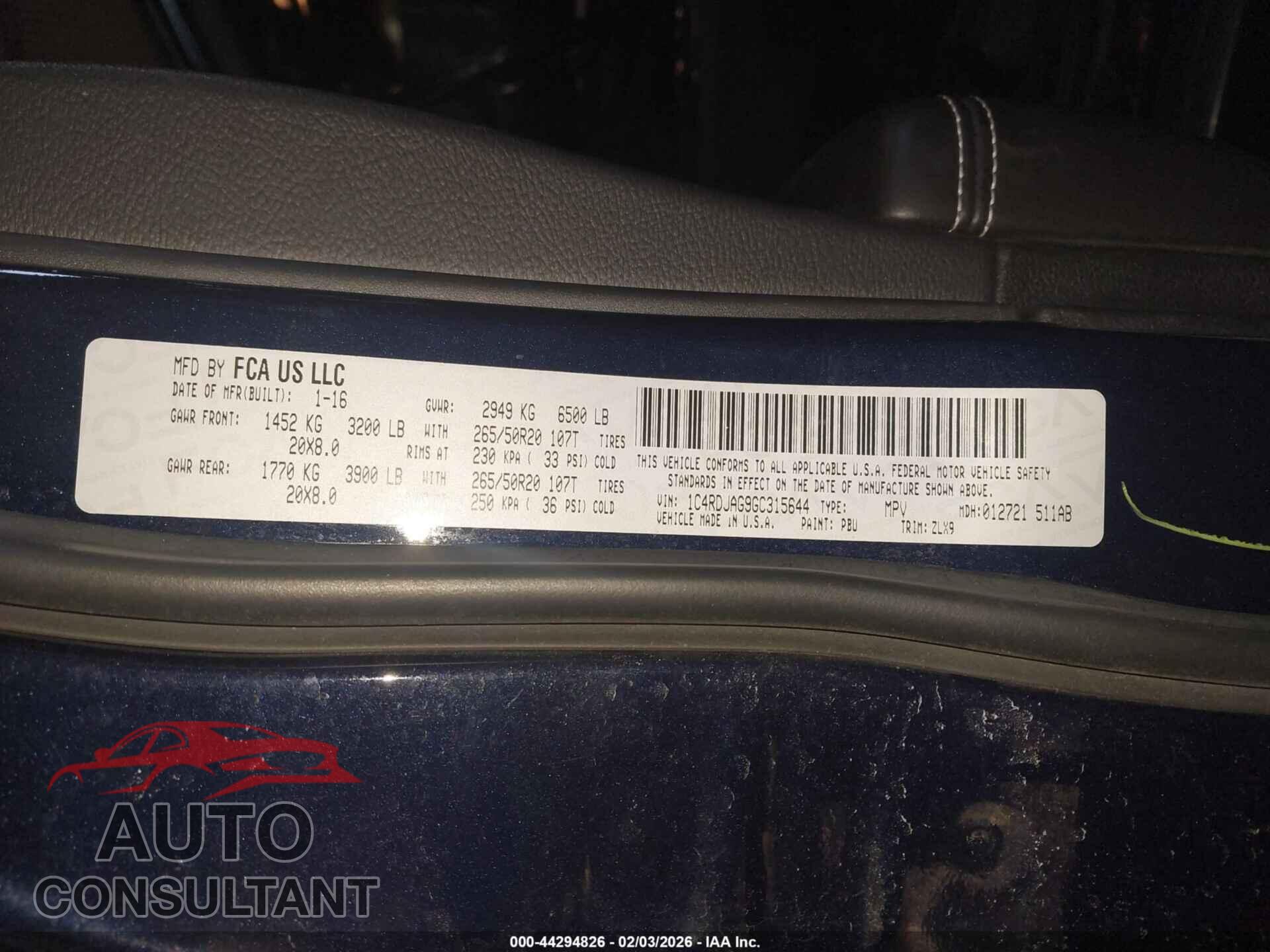 DODGE DURANGO 2016 - 1C4RDJAG9GC315644