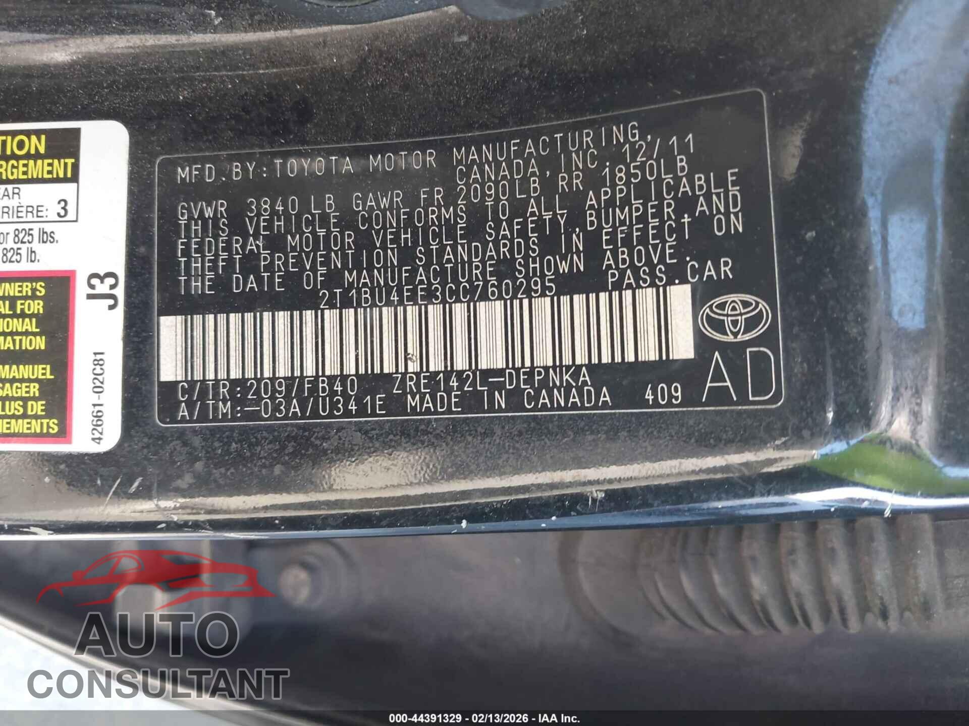 TOYOTA COROLLA 2012 - 2T1BU4EE3CC760295