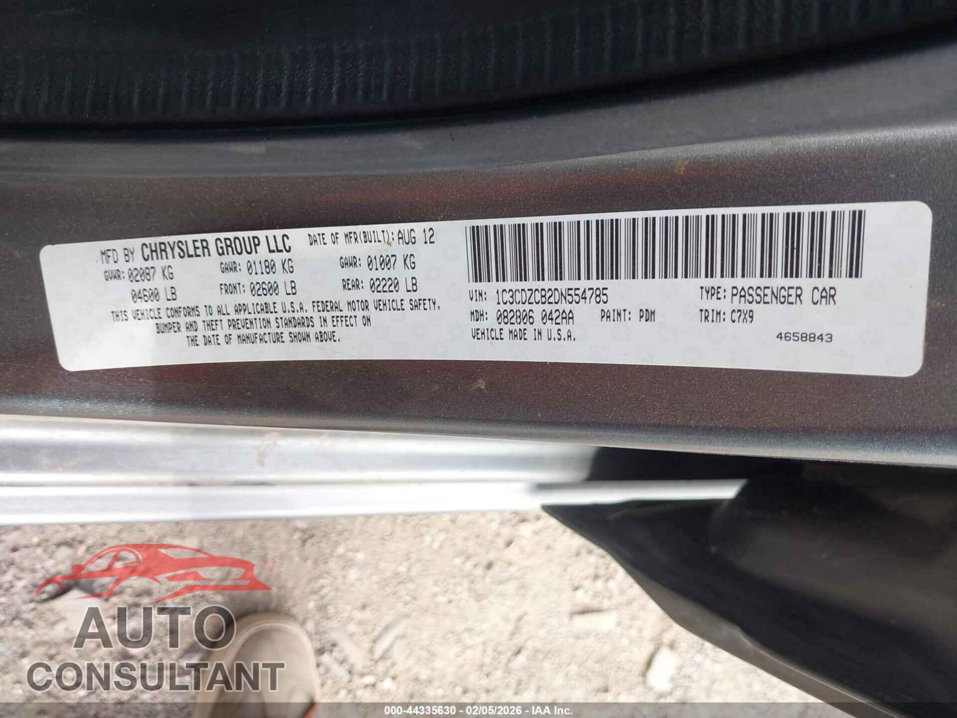 DODGE AVENGER 2013 - 1C3CDZCB2DN554785