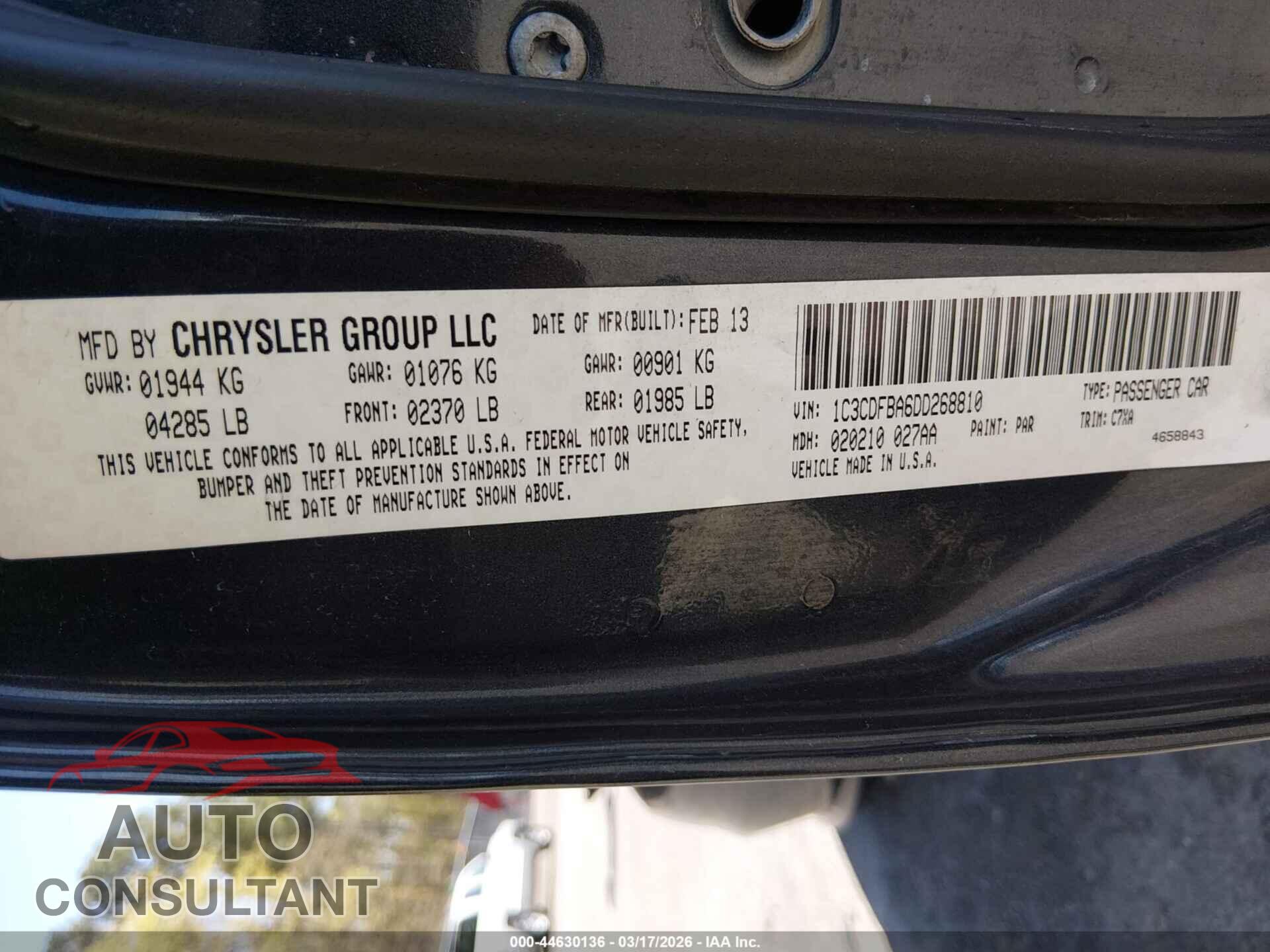 DODGE DART 2013 - 1C3CDFBA6DD268810
