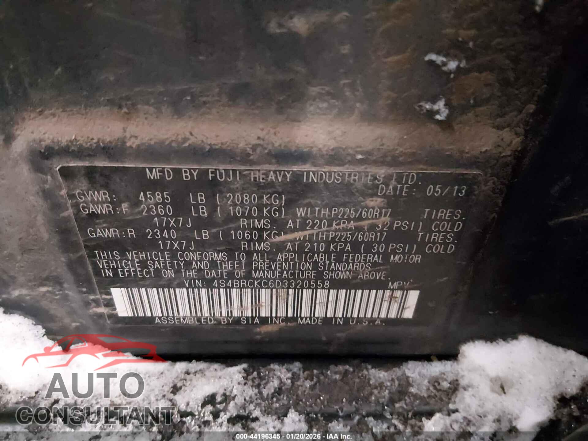 SUBARU OUTBACK 2013 - 4S4BRCKC6D3320558